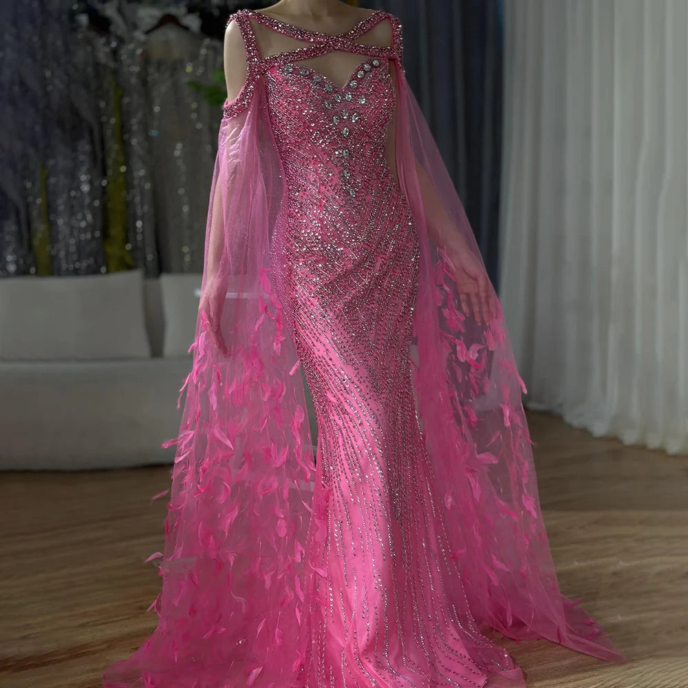 Elegant Fuchsia Mermaid Wedding Dress with Cape Sleeves, Beading & Feather Embellishments - Serene Hill LA72286 | Perfect for Bridal Party, Evening Gala & Formal Occasions