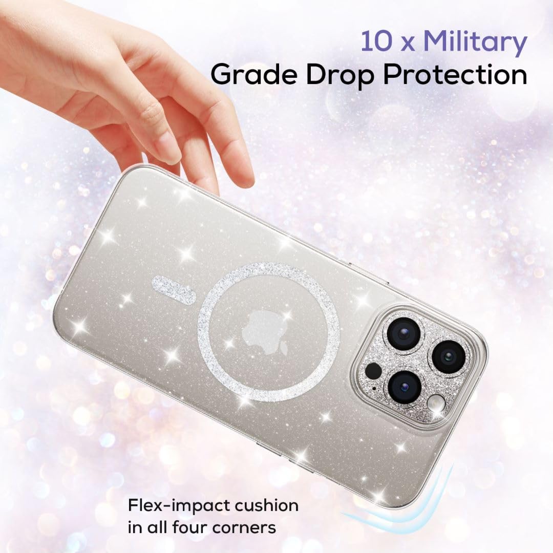 Hoerrye iPhone 15 Pro Max Case for Women - MagSafe Compatible with 2 Tempered Glass & 1 Metal Camera Lens Protector | Clear Glitter Magnetic Protective Cover | Perfect for Everyday Use, Work & Travel