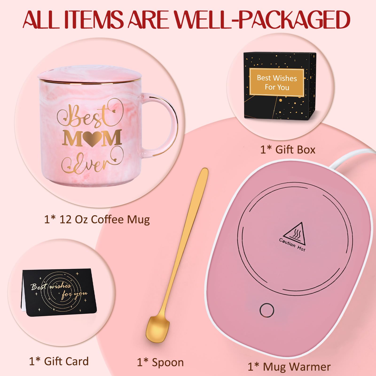 LiqCool Best Mom Ever Marbled Coffee Mug with Smart Warmer Coaster Set - 12 Oz, Gift Box, Spoon - Perfect for Birthday, Mother's Day, New Mom, Wife, Women - Ideal for Home, Office, or Relaxing Moments