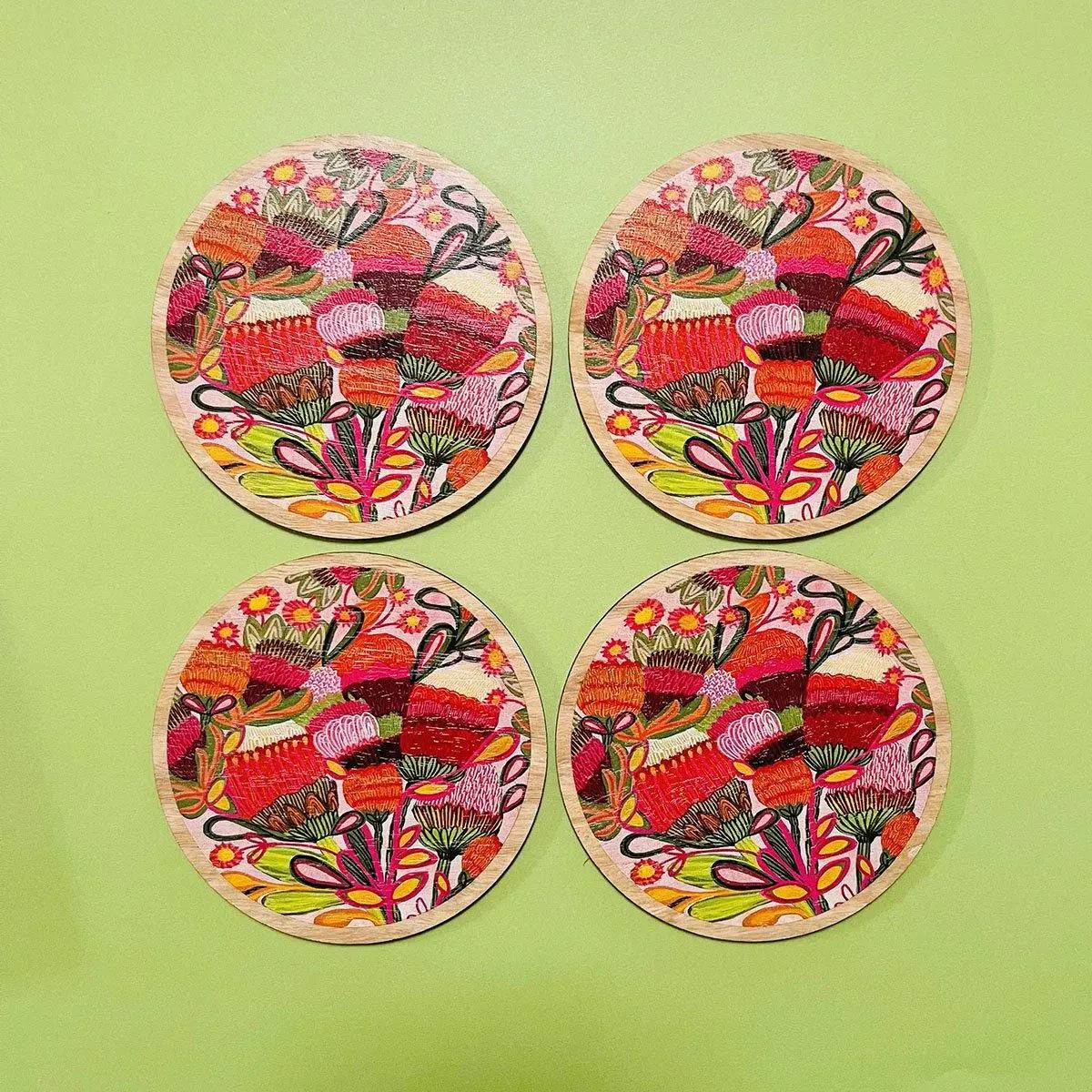 Premium Wild Blooms Australian Wooden Coaster Set - Natural Wood Drink Coasters for Home & Bar - Perfect for Coffee Tables, Dining Tables, and Outdoor Entertaining