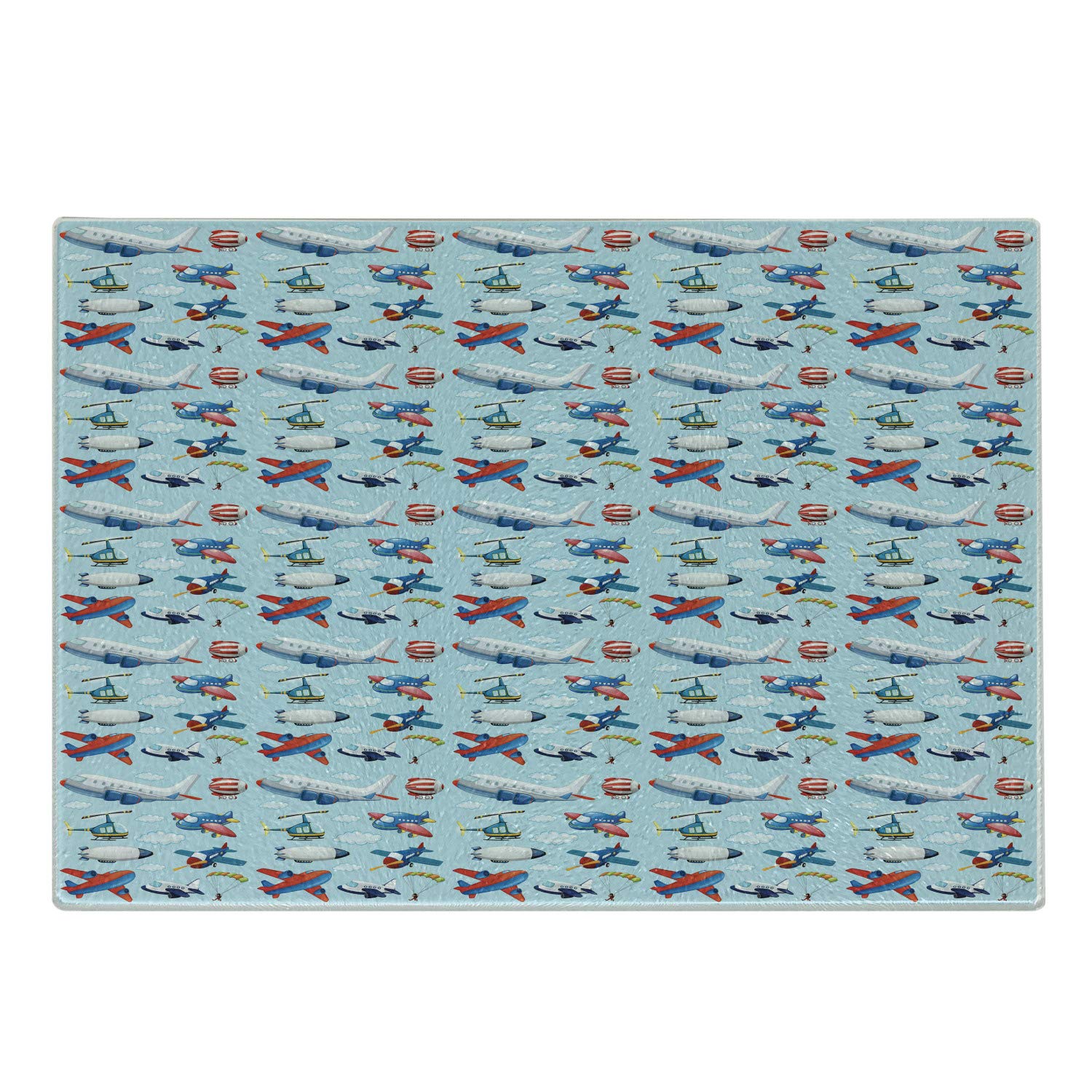 Ambesonne Airplane Themed Tempered Glass Cutting Board - Cartoon Aircraft & Skydivers in Blue Sky - Small Decorative Serving Board for Kitchen, Dining & Gifts - Perfect for Cheese, Charcuterie & Party Platters