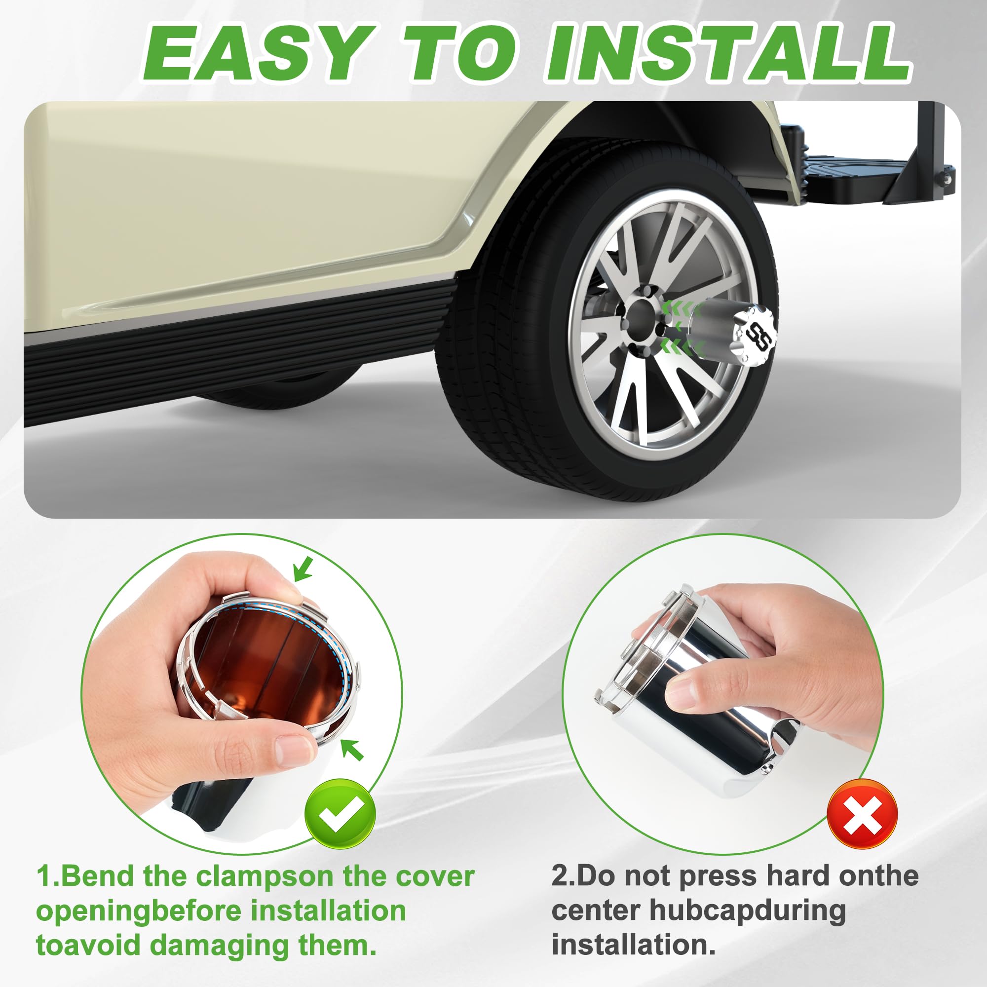 10L0L Golf Cart Wheel Center Caps - SS Chrome Push-In Style Hubcaps, Universal Fit for Yamaha, EZGO, Club Car & More - 4 Pack - Dust Cover for Enhanced Protection (Perfect for Golf Course, Resort & Neighborhood Use)