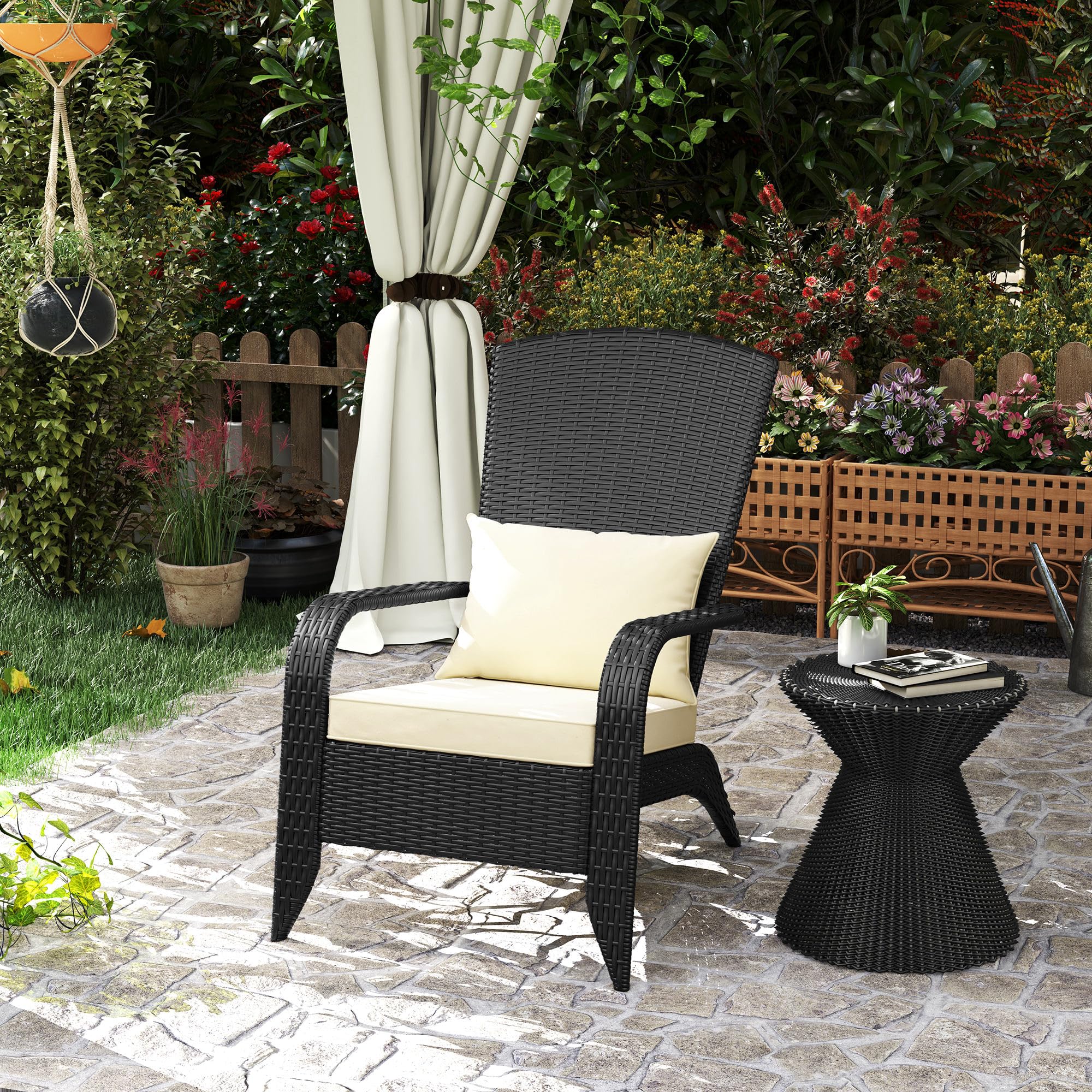 Outsunny All-Weather Wicker Adirondack Chair with Cushions - Patio Fire Pit Lounge Chair with Curved Backrest & Armrests for Deck, Garden, Poolside - Cream White Outdoor Furniture for Relaxation