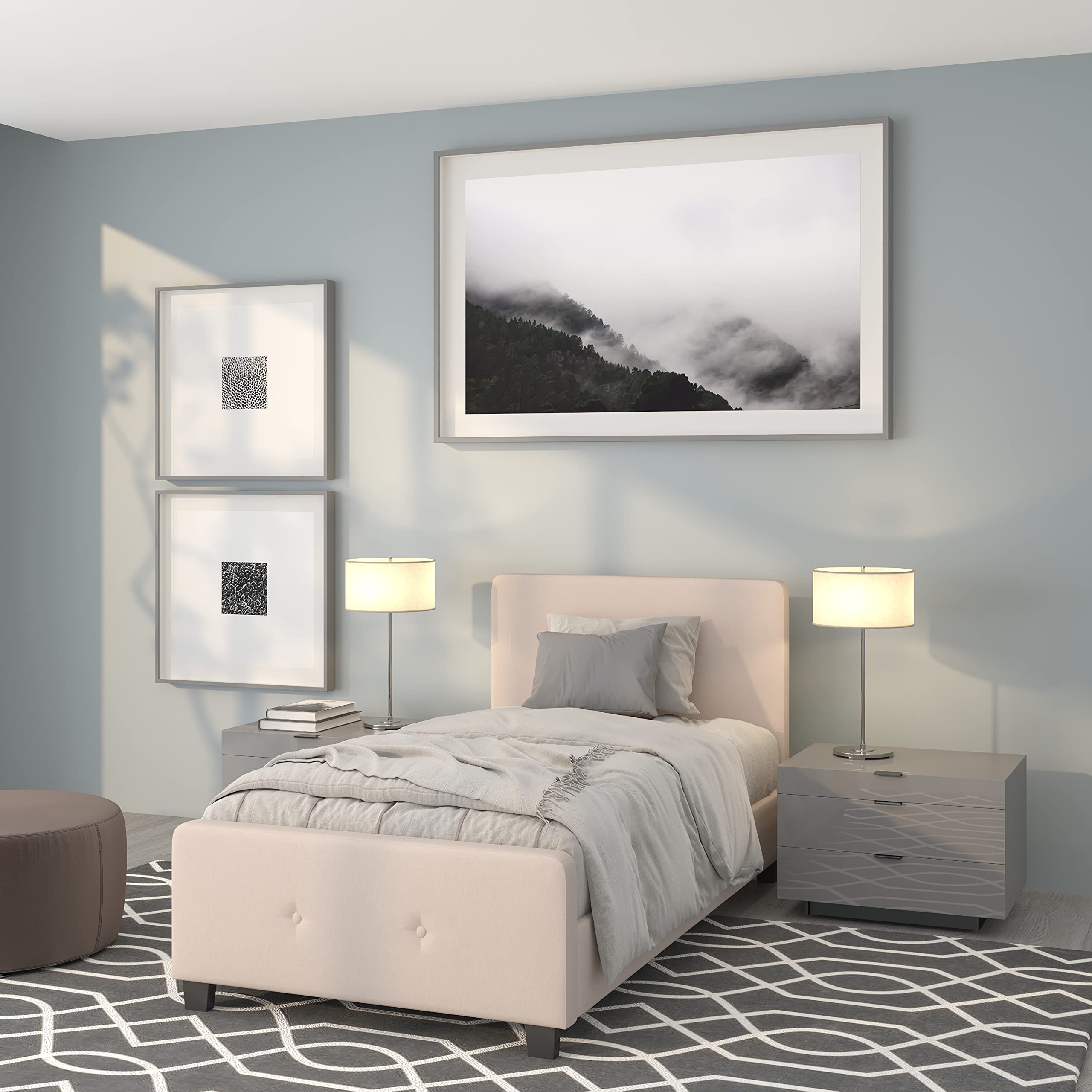 EMMA & OLIVER Twin Size Two Button Tufted Platform Bed Frame - Beige Upholstered Fabric Headboard - Space Saving Bedroom Furniture for Small Rooms & Apartments