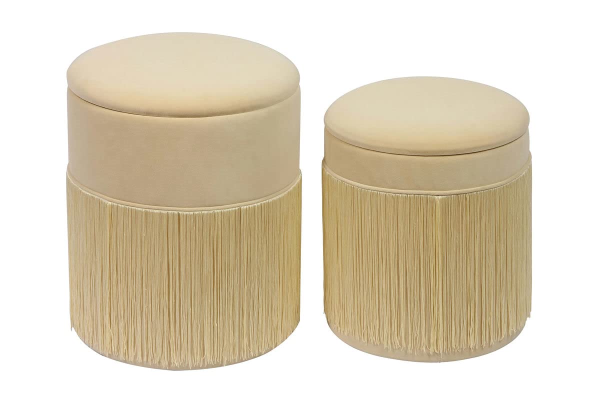 TOV Furniture TOV-OC6470 Velvet Storage Ottoman with Tassel Trim, Cream Color - Set of 2, Perfect for Living Room, Bedroom or Nursery Storage and Seating