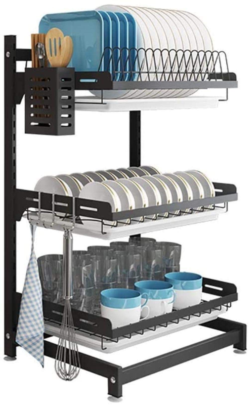 Stainless Steel 3-Tier Dish Drying Rack with Chopsticks Holder - Black Countertop Drainer for Kitchen Utensils & Dishware Storage | Perfect for Small Spaces, Apartments, and Organized Kitchen Countertops