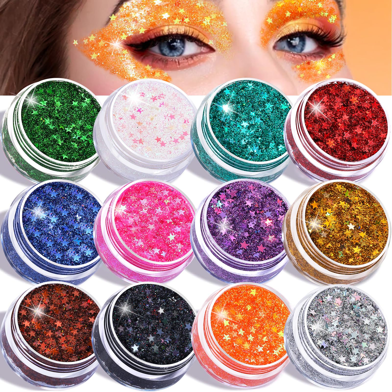 Teenitor Face Glitter Gel Set - 12 Vibrant Colors, No Glue Body Glitter for Face, Body & Hair (120g/4.23oz) | Perfect for Festivals, Raves, Cosplay & DIY Nail Art