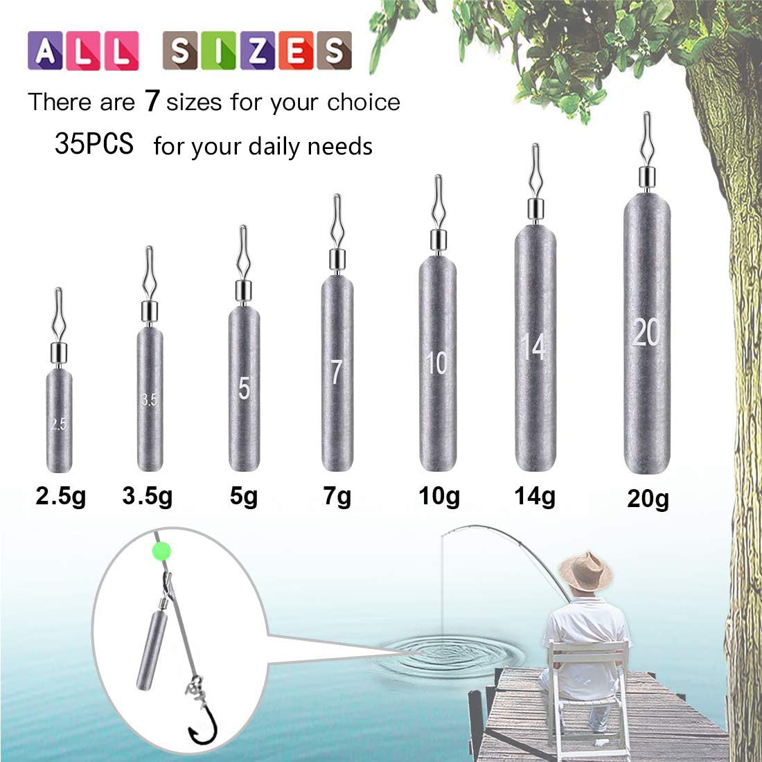 BITEFU 35pcs Fishing Weights Sinkers, Grey Carp Fishing Leads with Storage Box - 7 Sizes (2.5g 3.5g 5g 7g 10g 14g 20g) - Professional Fishing Gear for Freshwater & Saltwater Anglers