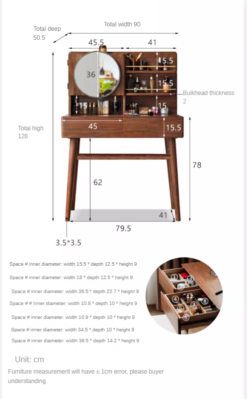 Black Walnut Solid Wood Moon Makeup Mirror Vanity Dressing Table - Elegant Bedroom & Bathroom Decor for Women