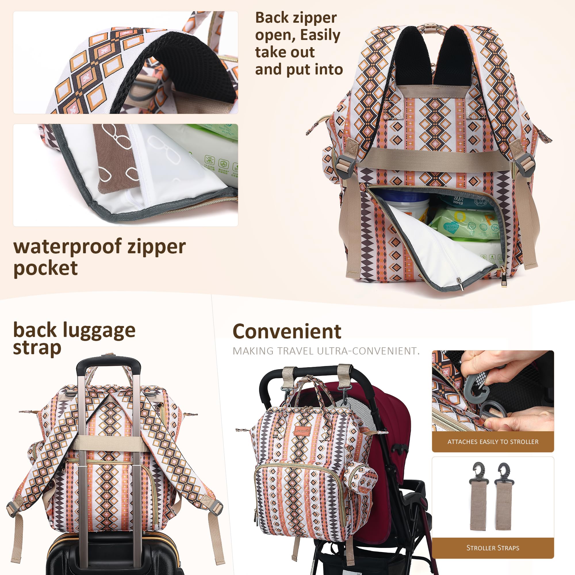 Stylish Western Boho Diaper Backpack for Moms - 35L Large Baby Bag with Changing Pad & Pacifier Case - Perfect for Boys, Girls & Toddlers - Ideal Baby Shower Gift & Travel Essential (White) - Great for Daycare, Park Outings & Family Vacations
