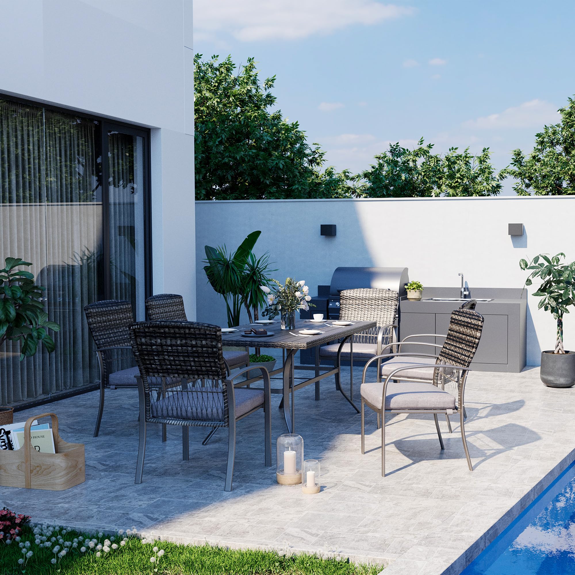 Pamapic 6-Piece All-Weather Rattan Outdoor Dining Set with Removable Waterproof Cushions & Umbrella Hole - Patio Table and Chairs for Backyard, Garden, Poolside (Gray)