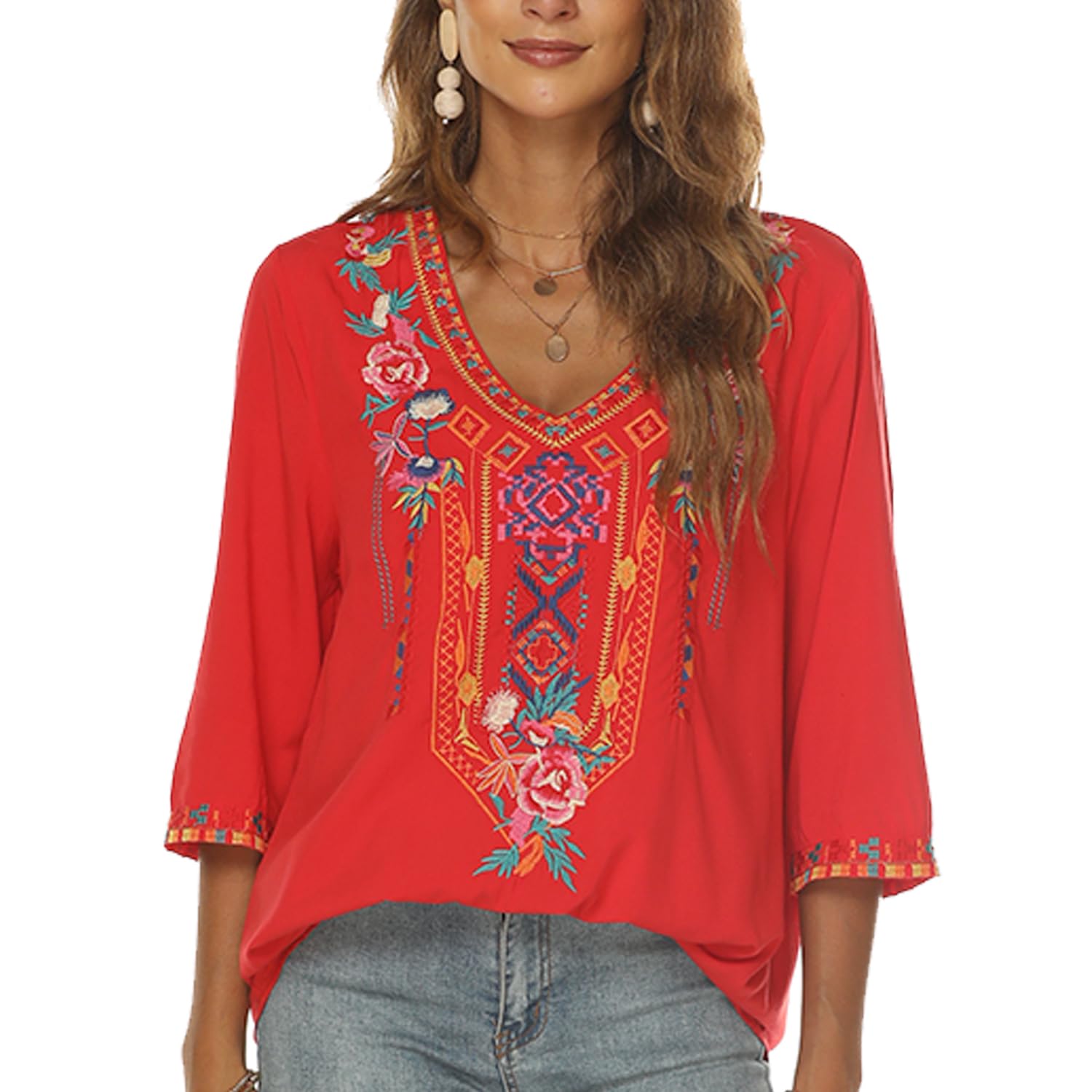 Higustar Women's Mexican Embroidered Bohemian Blouse - 3/4 Sleeve Peasant Top, Boho Tunic Shirt, Hippie Style Fiesta Clothing for Casual Wear, Music Festivals & Beach Vacations