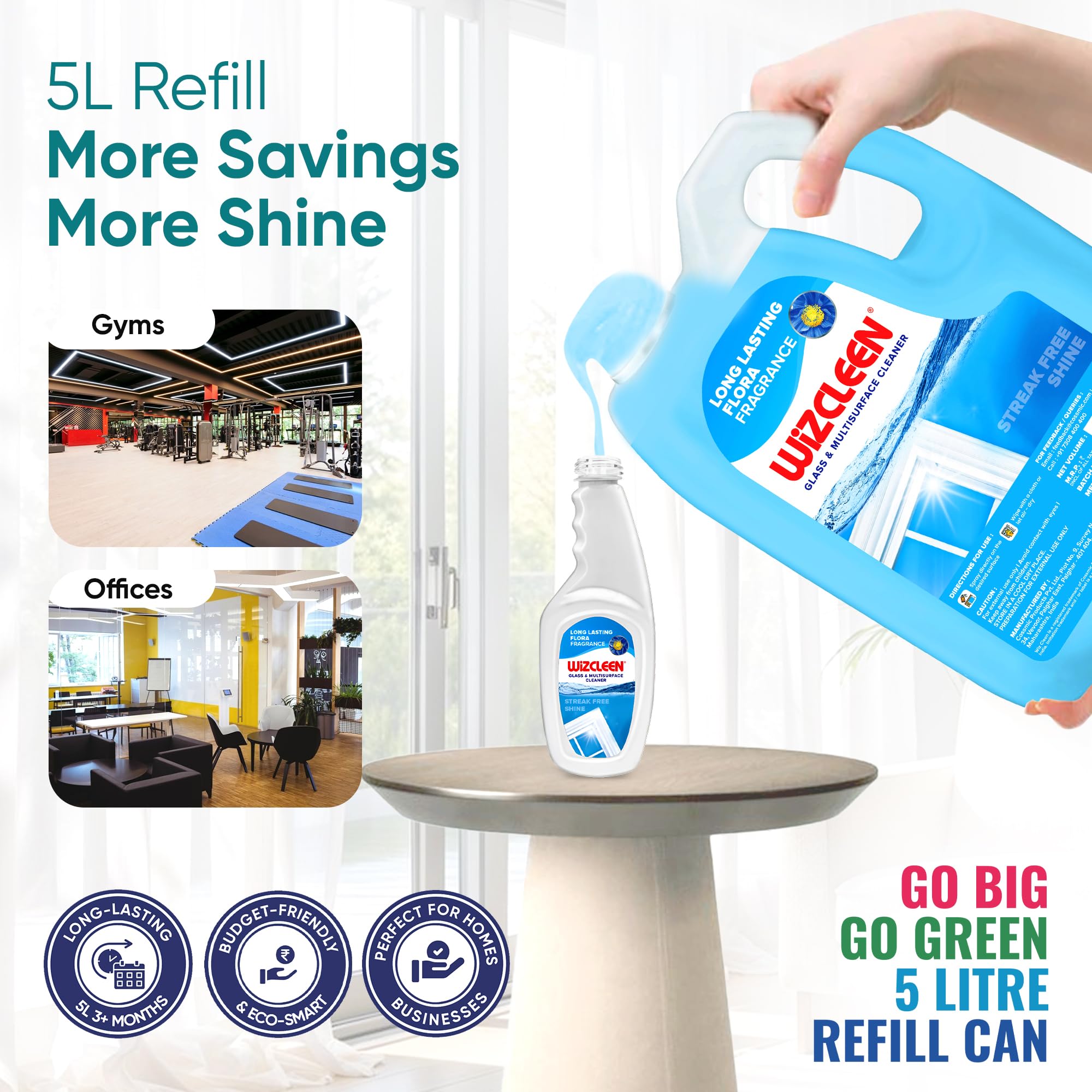 Wiz Cleen Glass & Multi-Surface Cleaner Liquid - 5L Refill Can | Streak-Free Cleaning Solution for Cars, Windows, Kitchen Countertops, Bathrooms & Home Surfaces | Perfect for Auto Detailing, House Cleaning & Office Maintenance