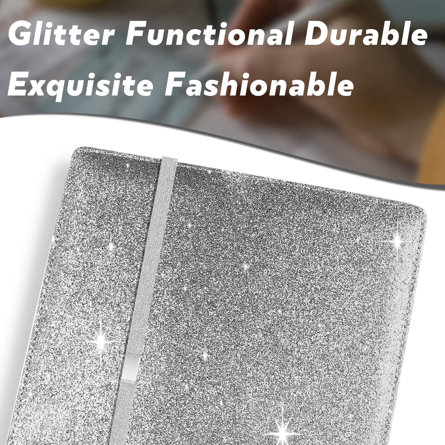 LOLOMLO Sparkling Glitter Checkbook Cover for Women & Girls - RFID Blocking PU Leather Checkbook Holder with Pen Loop & Elastic Strap - Fits Top/Side Tear Checks - Perfect for Office, Banking & Gift Giving (Silver)
