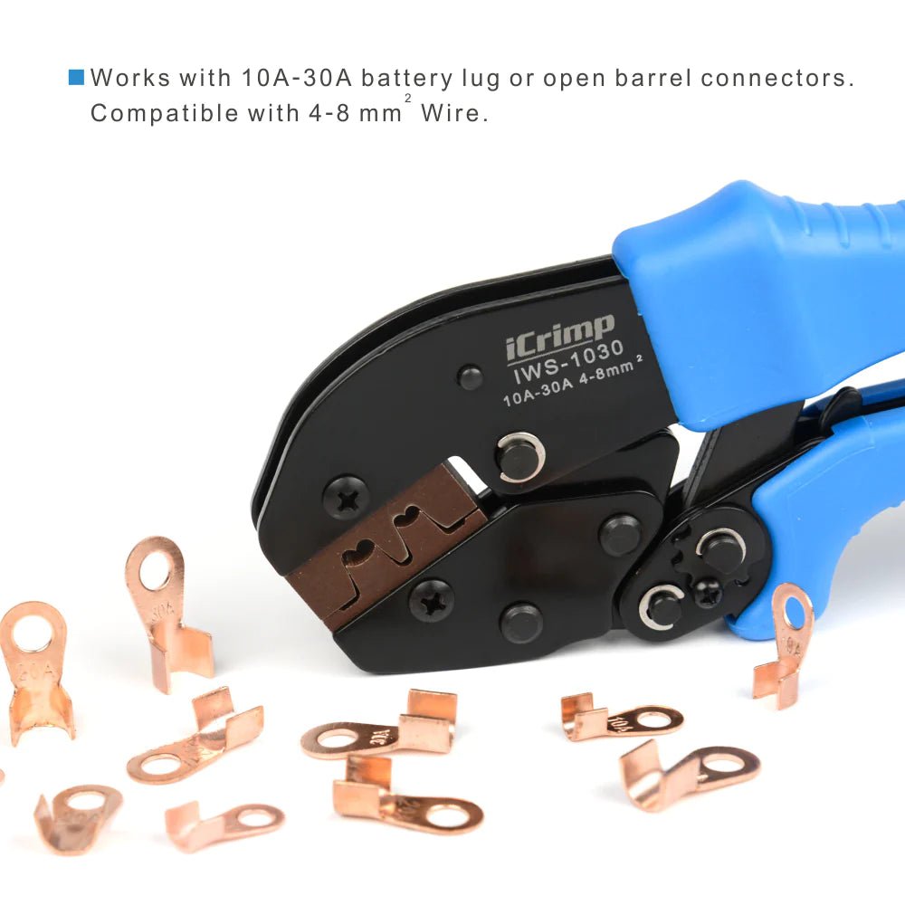 IWS 1030 Professional Battery Cable Crimper Tool for AWG 11-8 Open Barrel Lugs - Perfect for Automotive, Marine, and Solar Power Installations