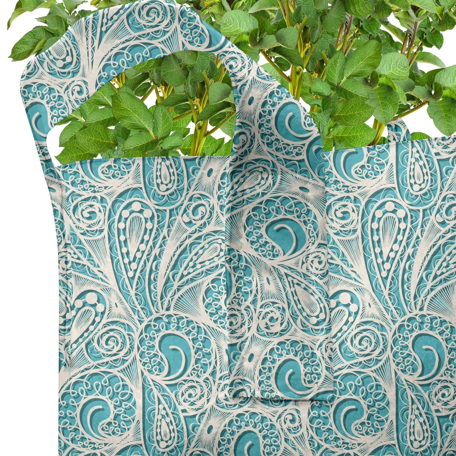 Ambesonne 5-Pack 5 Gallon Teal Grow Bags with Handles - Heavy Duty Fabric Plant Pots, Romantic Lace Pattern in Teal & Beige - Ideal for Indoor/Outdoor Gardening, Vegetables, Flowers & Herbs