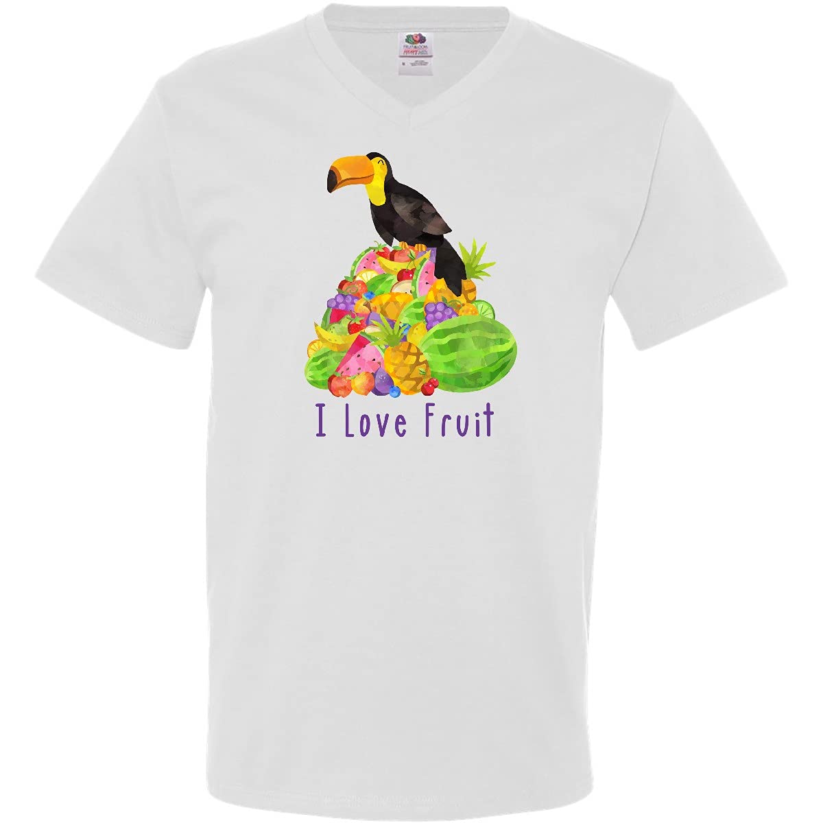 Inktastic I Love Fruit Toucan Men's V-Neck T-Shirt | Soft Cotton Graphic Tee for Casual Wear & Tropical Vacation Outfits