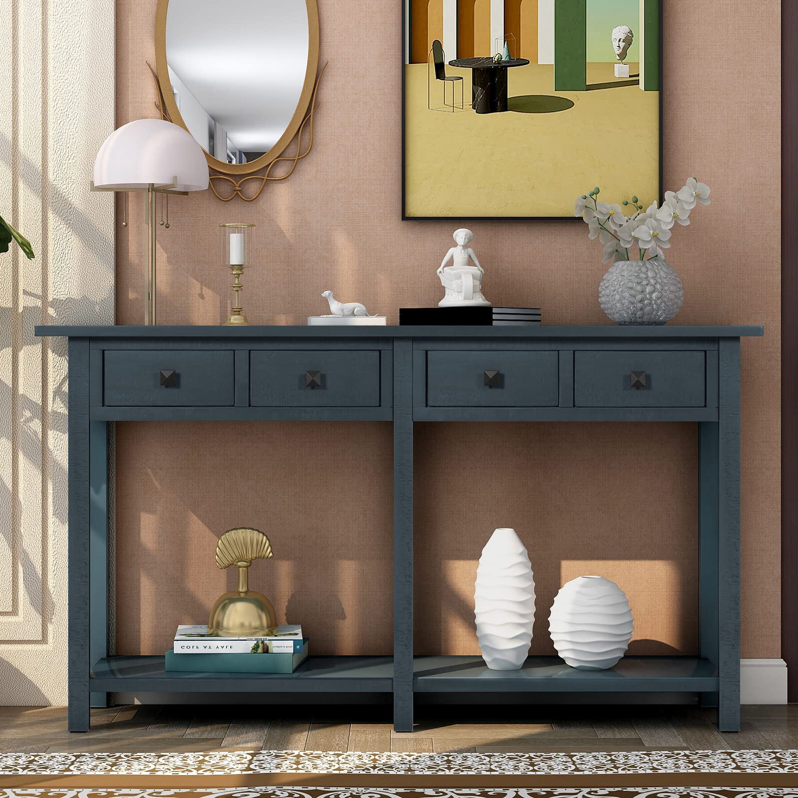 59 Inch Rustic Console Table with 4 Drawers & Open Shelf - Narrow Long Entryway Sofa Table, Brushed Texture Hallway Foyer Table for Living Room, Front Hall, Kitchen Counter - Perfect for Home Decor, Small Space Storage & Entryway Organization