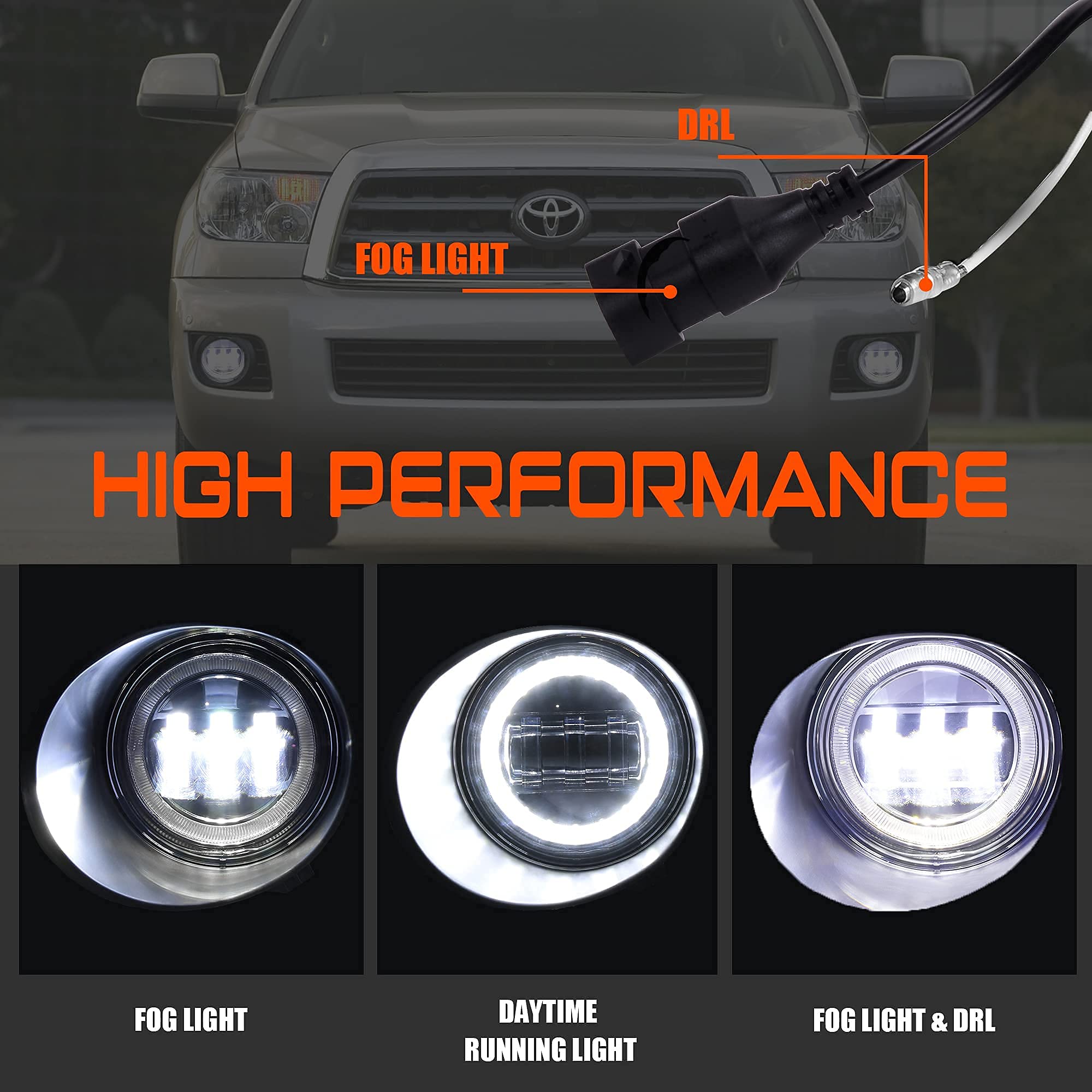 High-Performance LED Fog Lights with DRL for Toyota Tundra 2007-2013 & Sequoia 2008-2011 - Direct Replacement Fog Light Assembly for OEM Bumper - Perfect for Night Driving and Off-Road Adventures