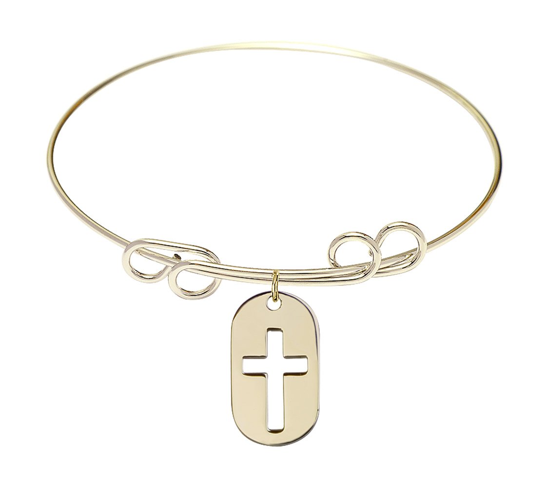 DiamondJewelryNY Sterling Silver Double Loop Bangle Bracelet with Cross Dog Tag Charm - Perfect for Gifts, Everyday Wear & Special Occasions