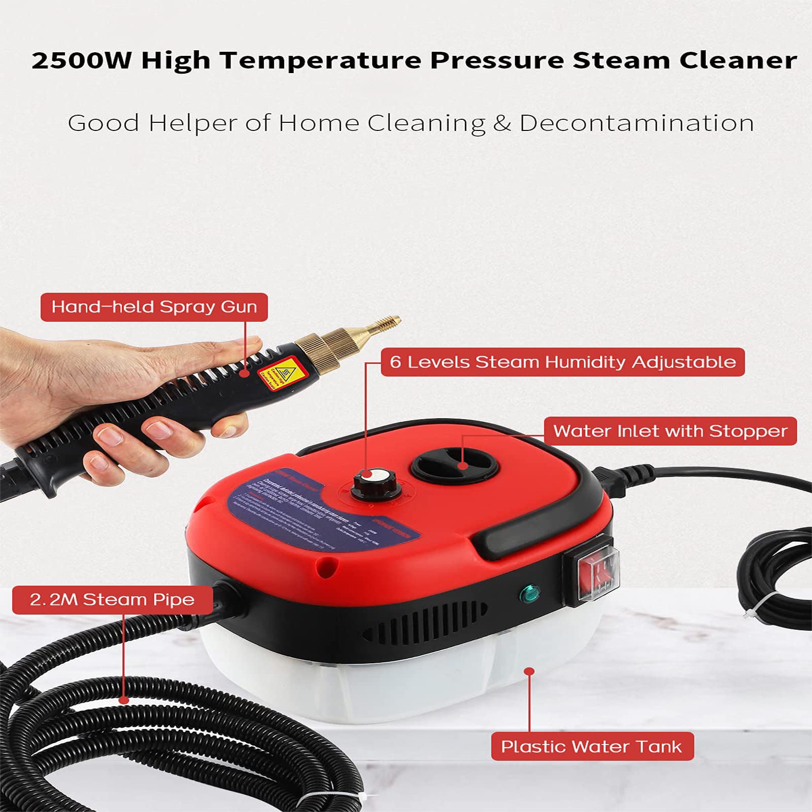 Portable Handheld Steam Cleaner for Kitchen, Bathroom, Furniture & Car Detailing - Auto Pumping, Red | Deep Cleaning Appliances, Upholstery, Tiles & More