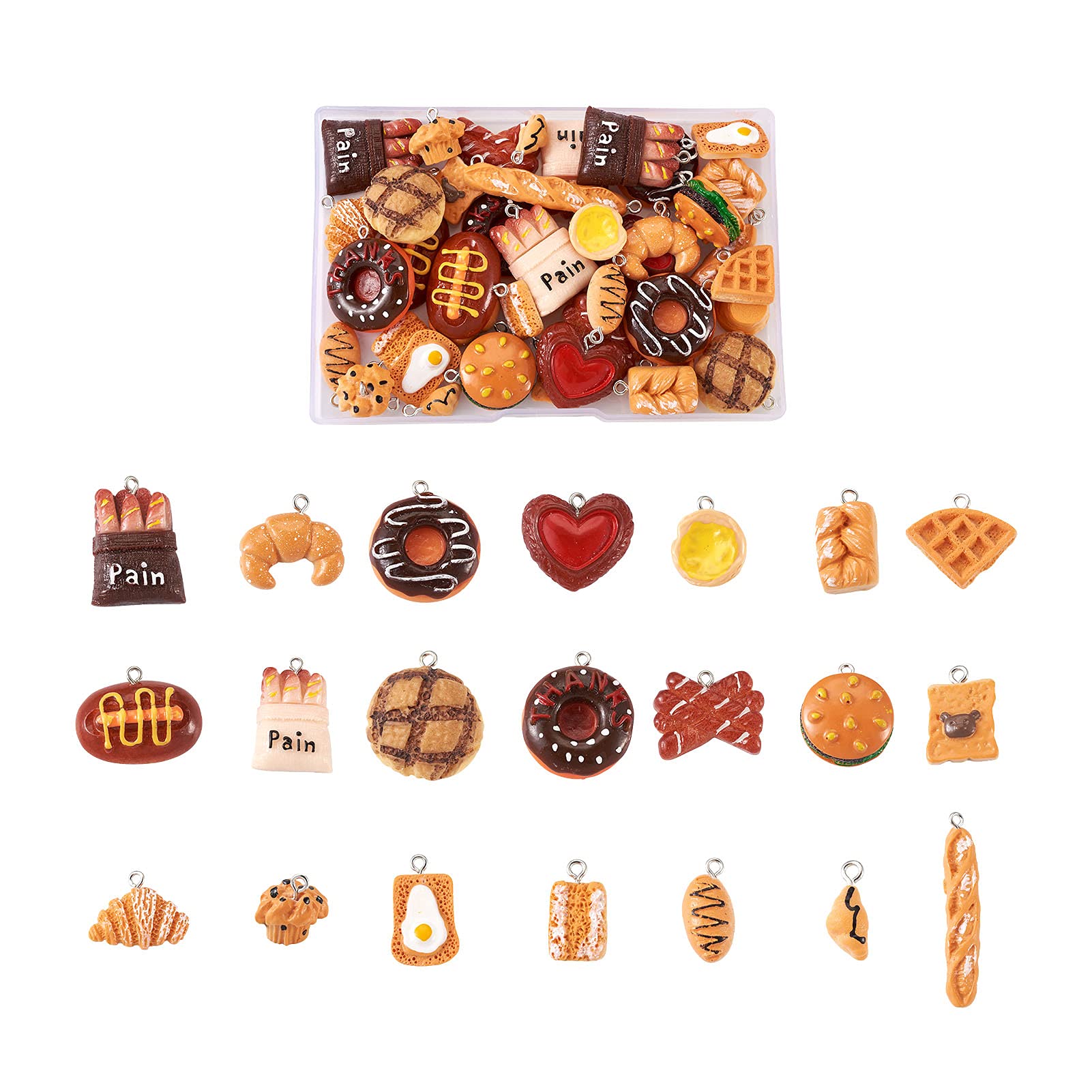 Beadthoven 42pcs 3D French Bread Resin Charms - Mixed Croissant, Toast, Donut Pendants for DIY Jewelry Making, Earrings, Necklaces & Keychains - Perfect for Breakfast-Themed Crafts & Gifts