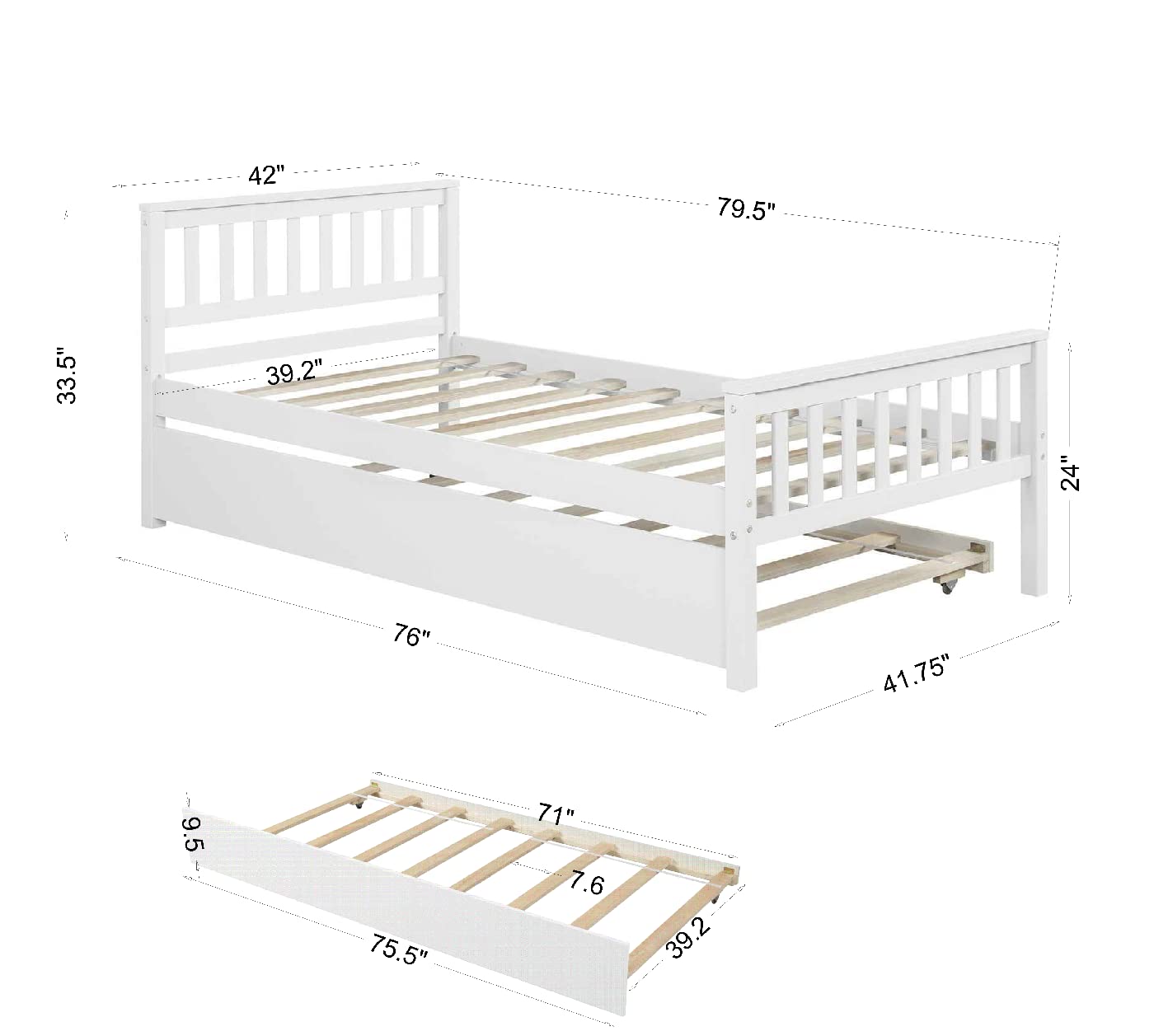JINS&VICO Twin Sleigh Platform Bed with Trundle - Solid Pine Wood Bed Frame for Compact Rooms - White | Space-Saving Kids Bedroom Furniture, Guest Room & Small Space Solution