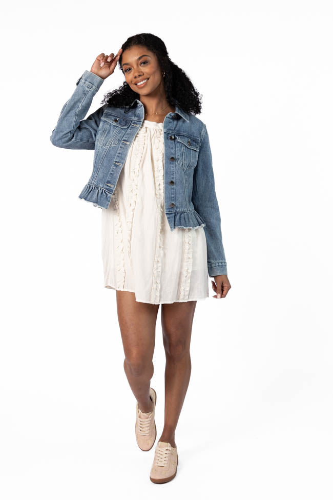 Stylish Light Wash Denim Jacket with Peplum Detail for Women | Casual & Chic Outerwear for Spring & Fall | Perfect for Date Nights & Weekend Outfits