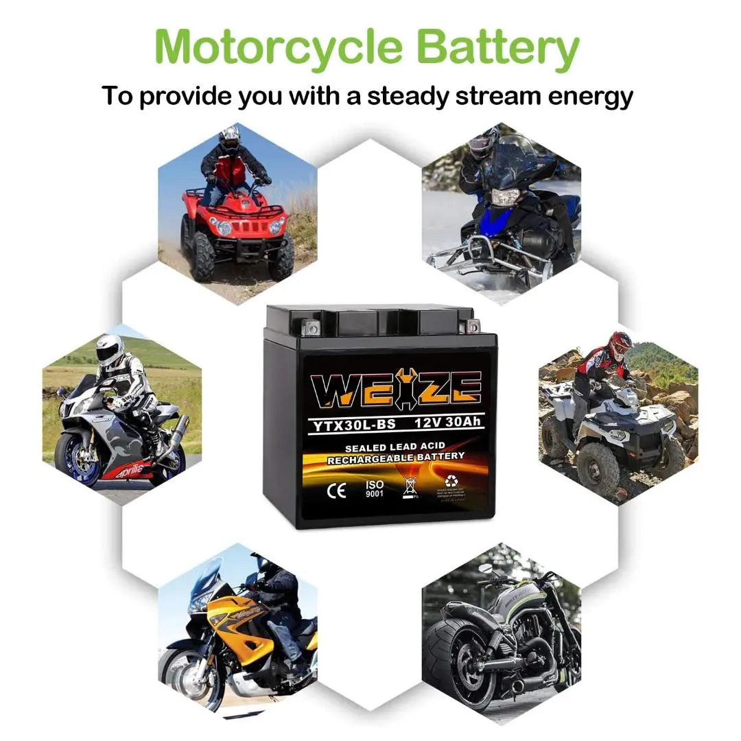 WEIZE YTX30L BS 12V 30Ah Sealed AGM Motorcycle Battery - Replacement for Yuasa YIX30L & ETX30L BS - Maintenance Free, High Performance - Compatible with Harley Davidson, Polaris Sportsman - Perfect for Cruisers, ATVs, and Off-Road Vehicles