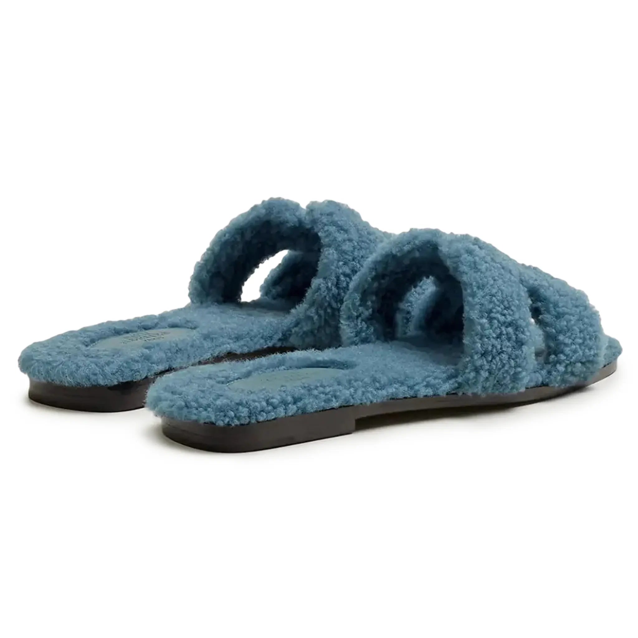 Hermès Paris Oran Blue Shearling Sandals - Women's Luxury Leather Summer Sandals with Shearling Lining for Casual Outings & Beach Vacations