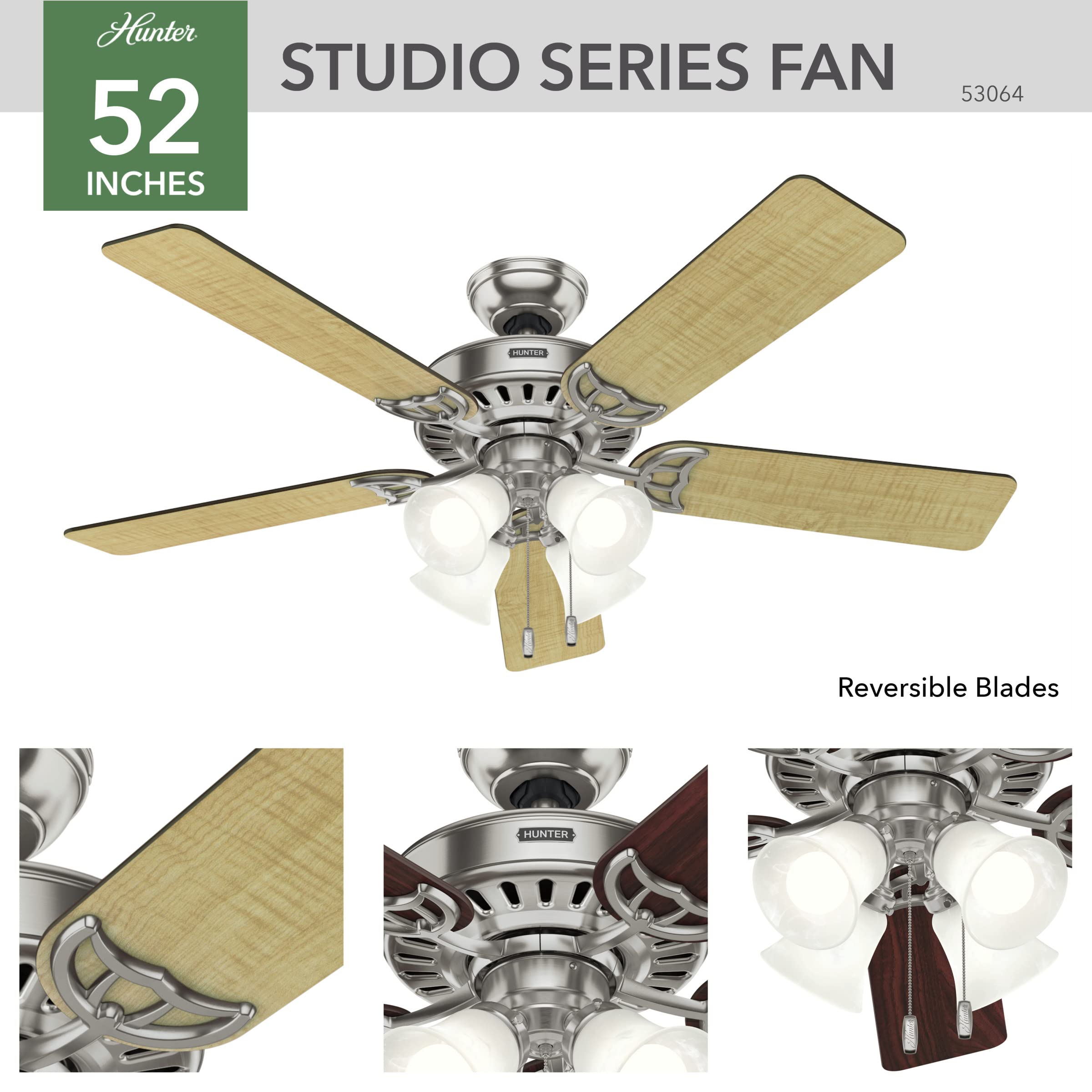 Hunter Fan Company Studio Series Indoor Ceiling Fan with LED Light Kit and Pull Chain Control - Perfect for Living Room, Bedroom, and Home Office Cooling & Lighting