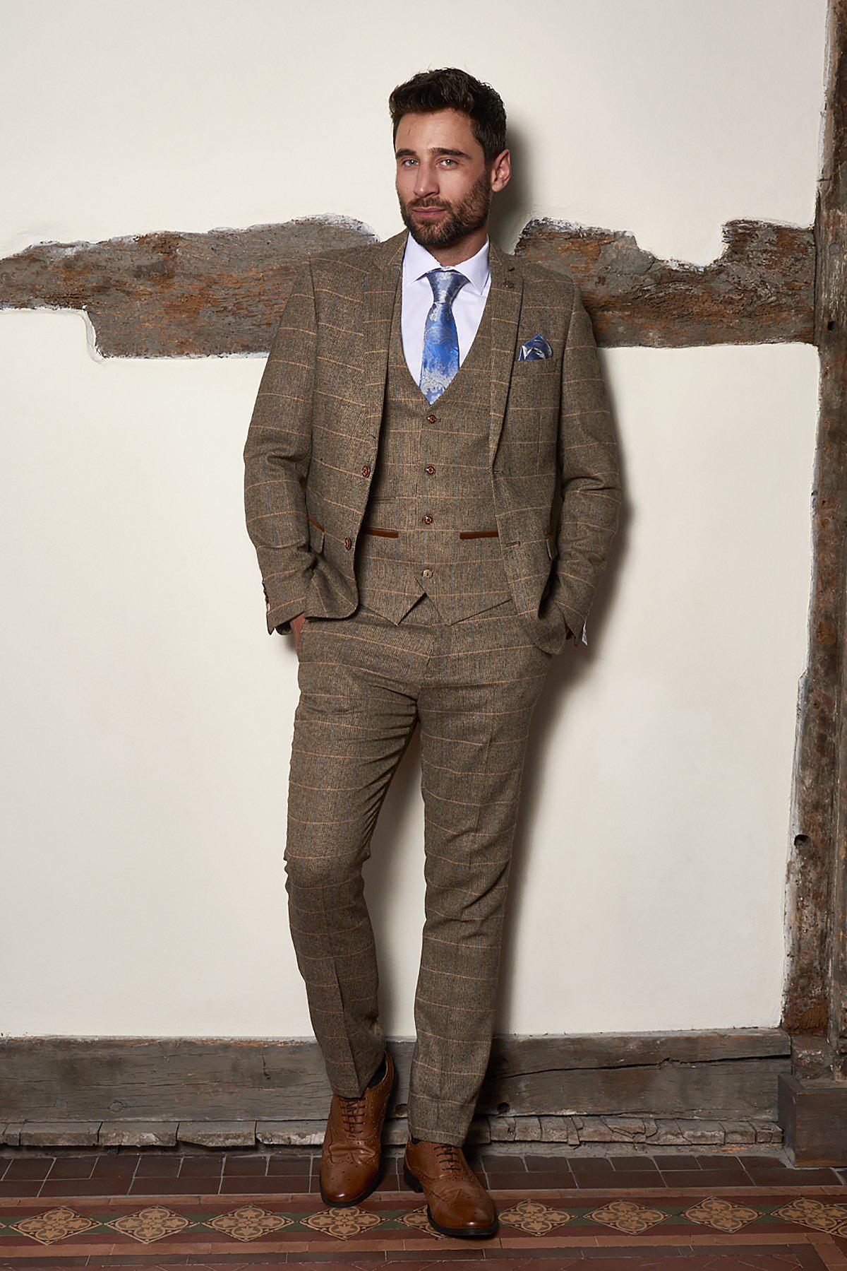 Stylish Men's TED Tan Tweed Check Three-Piece Suit Set - Perfect for Father & Son Matching Outfits, Weddings, and Formal Events