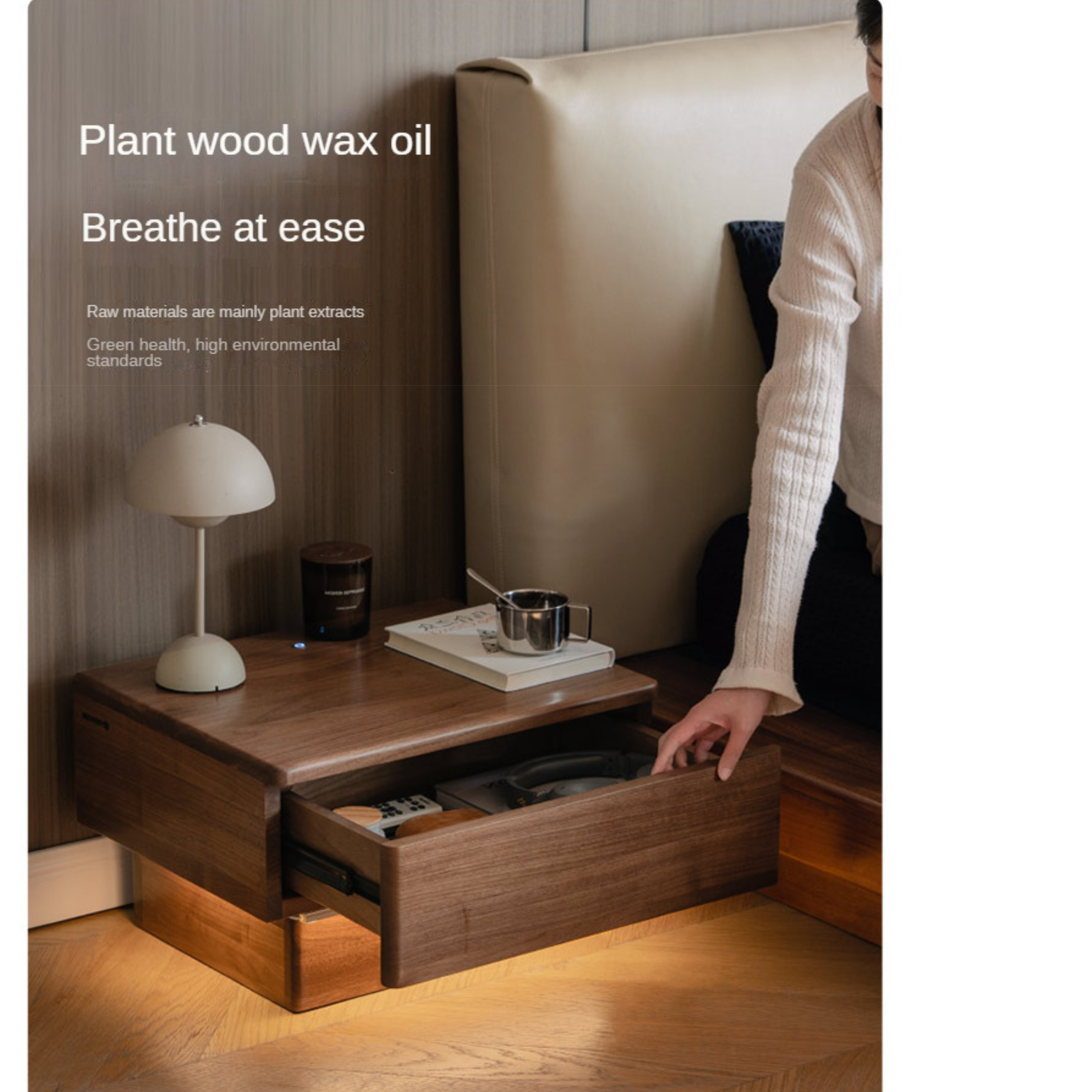 Premium Black Walnut Solid Wood Nightstand with LED Light Drawer - Stylish Bedside Table for Bedroom, Living Room, or Guest Room