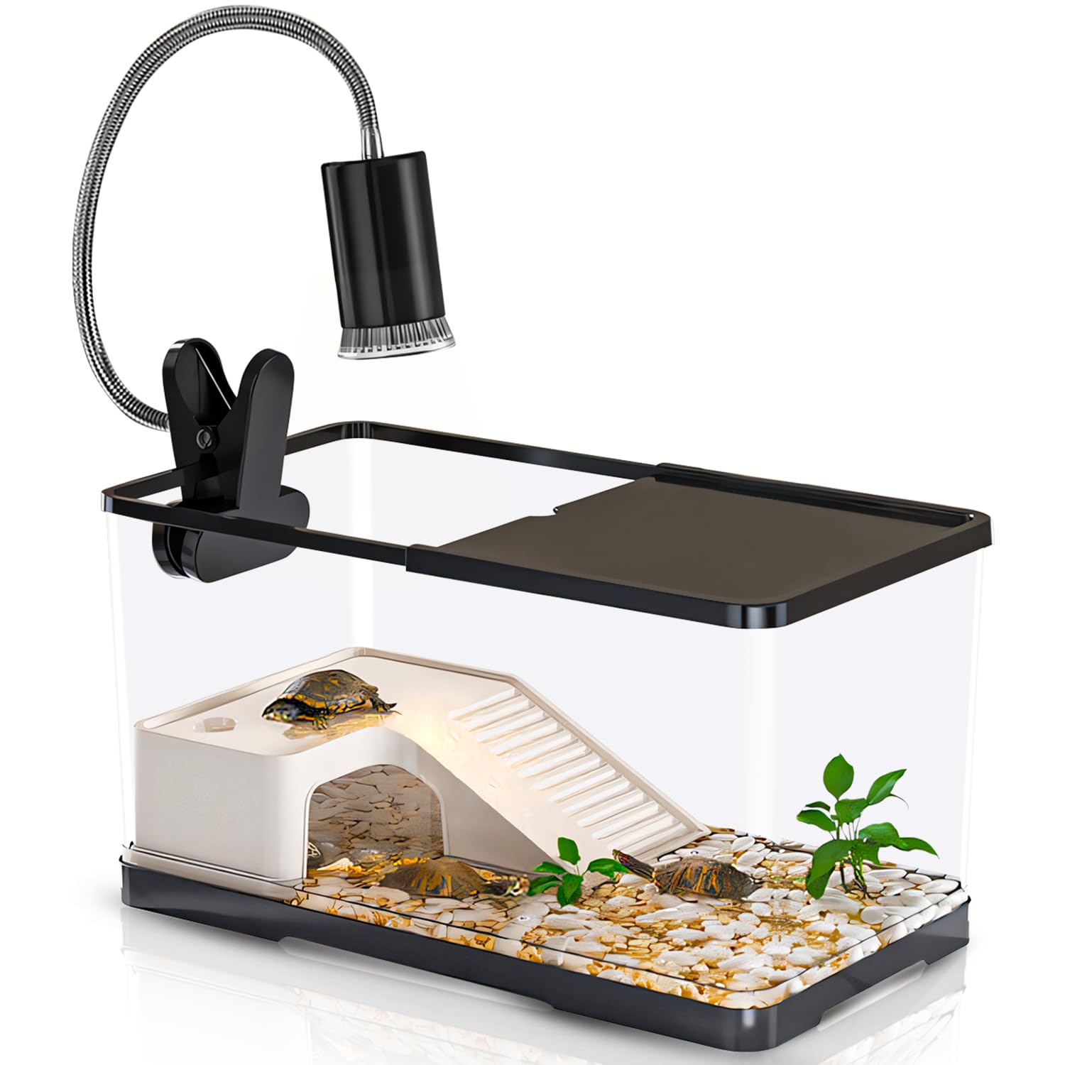 Complete Turtle Tank Kit with Basking Platform, UV Light, Filter Balls & Bottom Drainage - 15.3