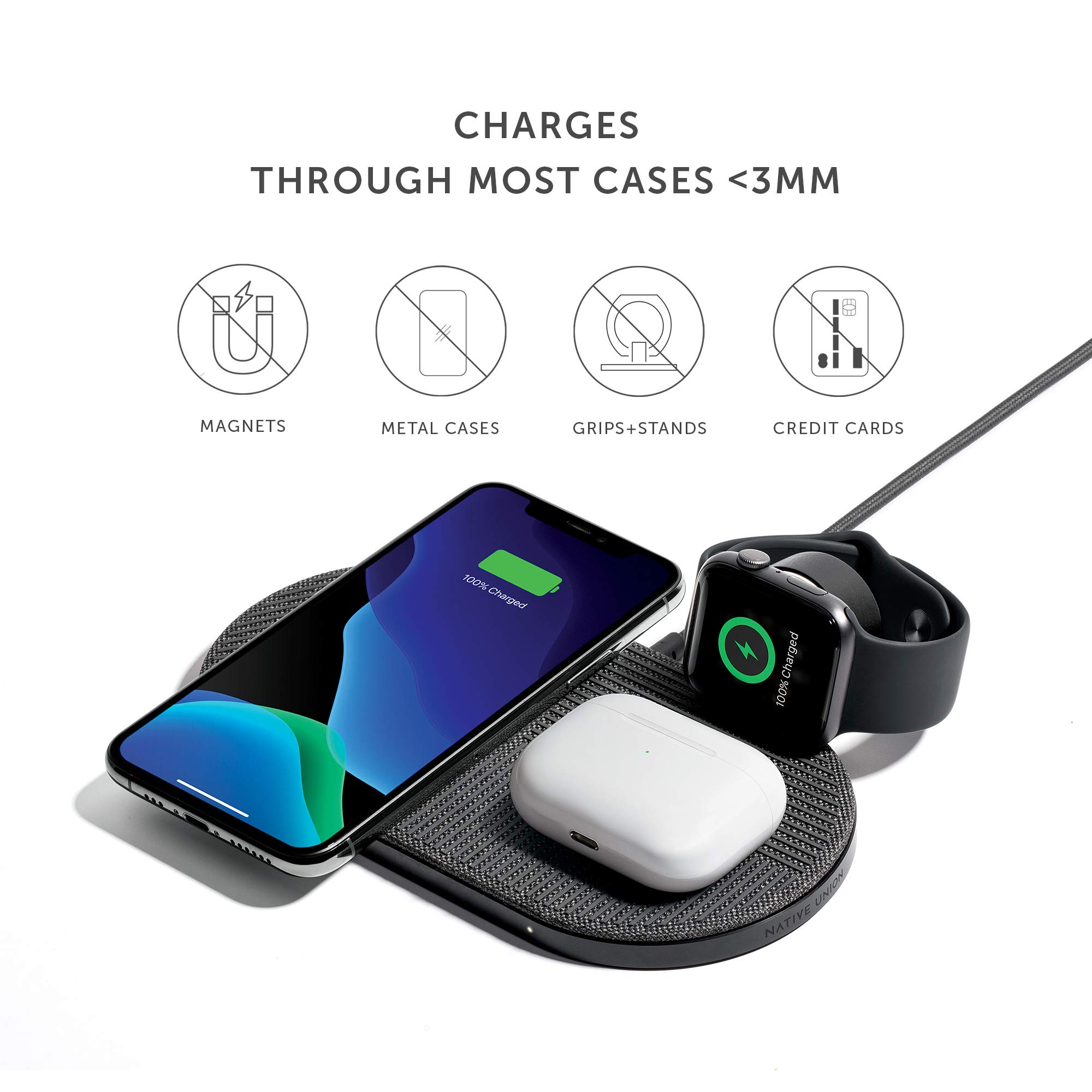Native Union Drop XL Wireless Charger (Watch Edition) - Multi-Device Charging Pad for iPhone, Apple Watch & Qi-Compatible Devices with Detachable Watch Puck | Fast Wireless Charging Station for Bedroom, Office & Travel | Includes US, UK & EU Adapters