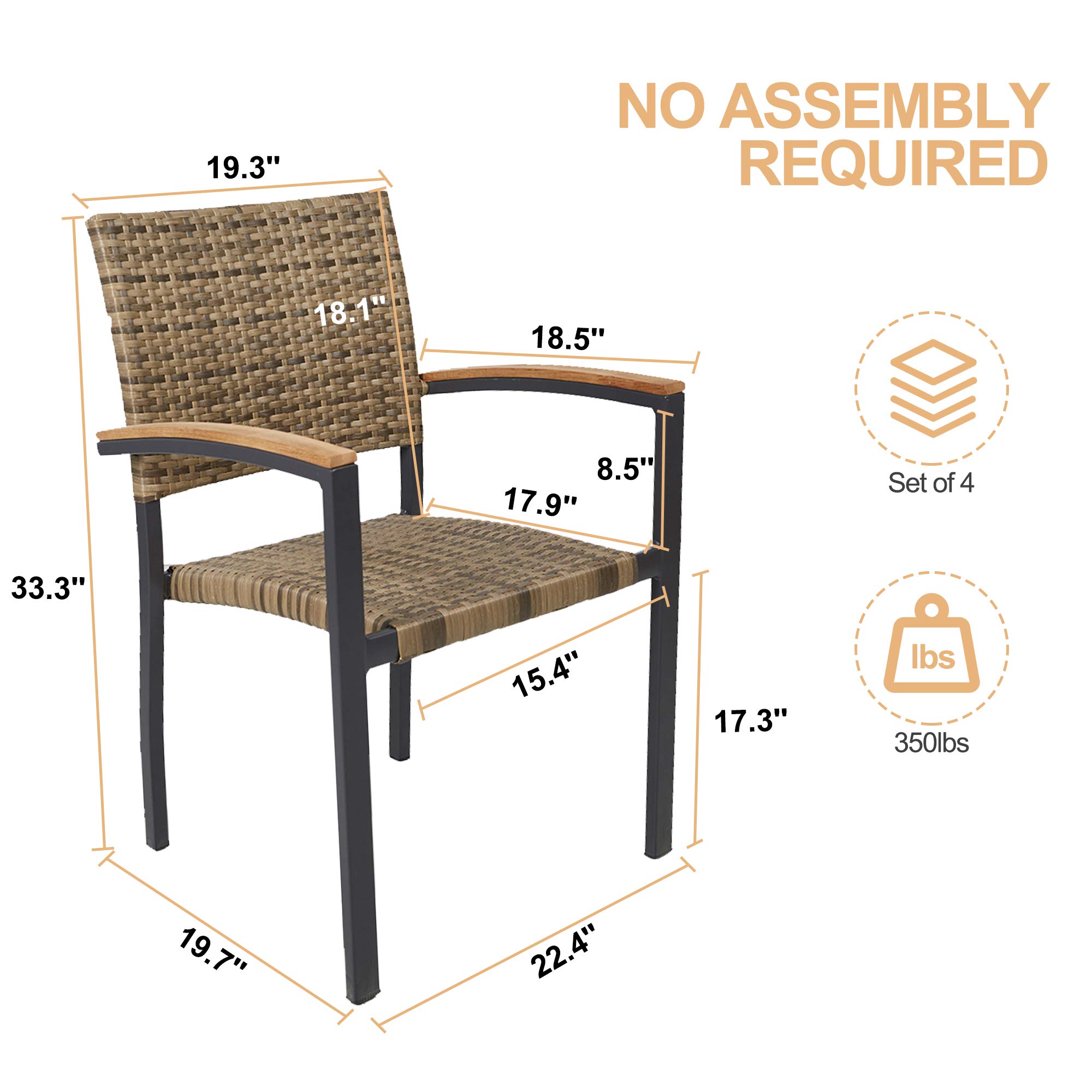 TRY & DO 4-Piece Patio Dining Chairs Set - Outdoor Stackable Wicker Chairs with Wooden Armrests, PE Rattan & Aluminum Frame - Perfect for Garden, Balcony, Lawn & Indoor Use (Brown) | Durable Outdoor Furniture for Entertaining, Relaxing & Dining Al Fresco