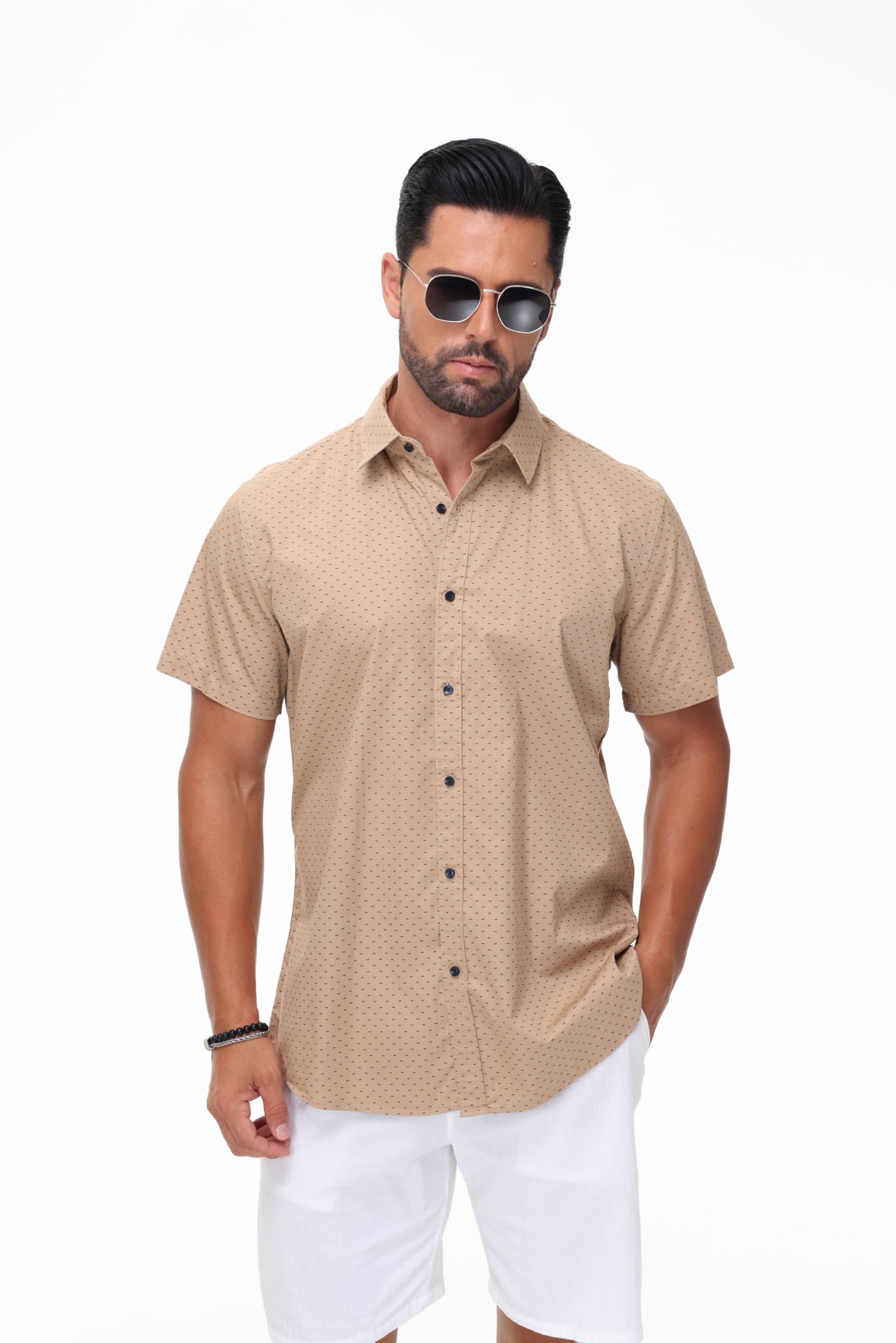 MUSE FATH Men's Cotton Short Sleeve Dress Shirt - Casual Printed Button Down Shirt for Office, Business & Summer Wear