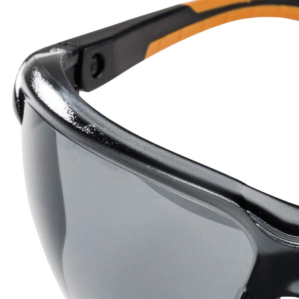 Sellstrom Lightweight Safety Glasses with Anti-Scratch Smoke Lens - Hard Coated Protective Eyewear for Work & DIY - Black/Orange Co-Molded 3-Position Ratcheting Temples with Soft Nose Piece (Pack of 1) - Ideal for Construction, Woodworking & Industrial Use - Model S71201