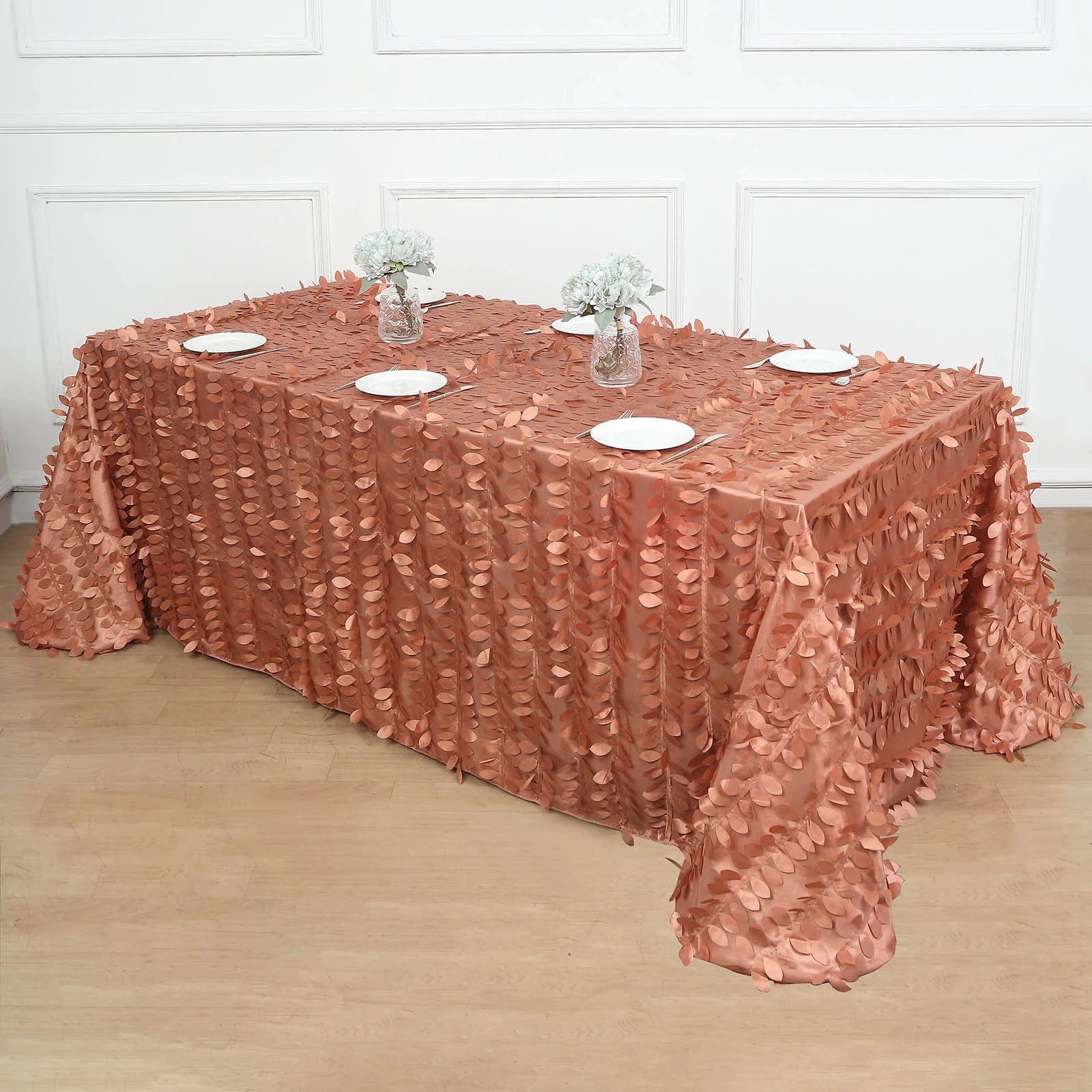 90x132 Inch Taffeta Rectangular Tablecloth with Elegant Leaf Petals Design - Perfect for Wedding, Party, and Home Dining Decor