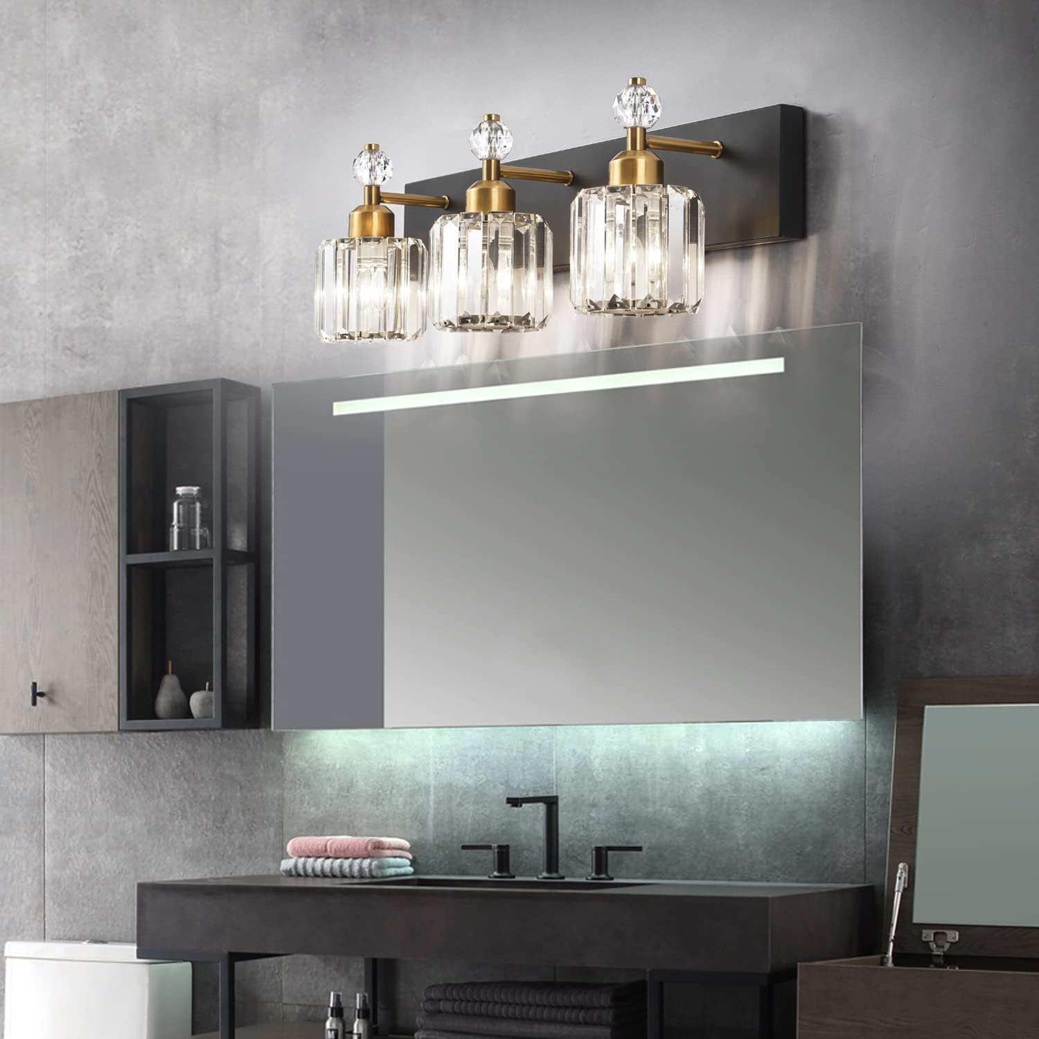 Modern Black Gold Crystal Bathroom Vanity Lights - 3 Light Wall Sconce Fixtures for Mirror Illumination | Perfect for Contemporary Bathrooms, Powder Rooms & Spa-Style Decor