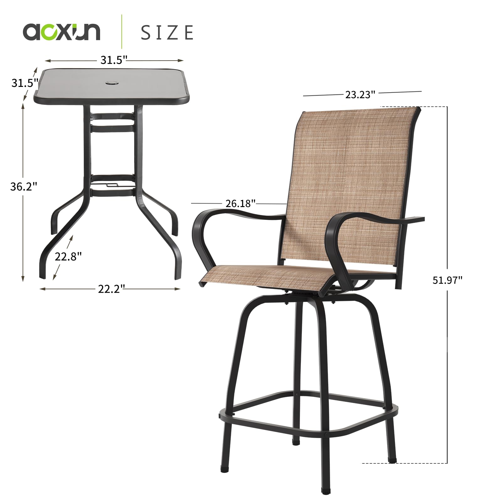 Aoxun 3-Piece Outdoor Swivel Bar Stool Set - 2 Patio Bar Stools with 1 Bar Table, Weather-Resistant Outdoor Dining Set for Backyard, Garden, Balcony & Deck - Perfect for BBQs, Poolside Lounging & Outdoor Entertaining