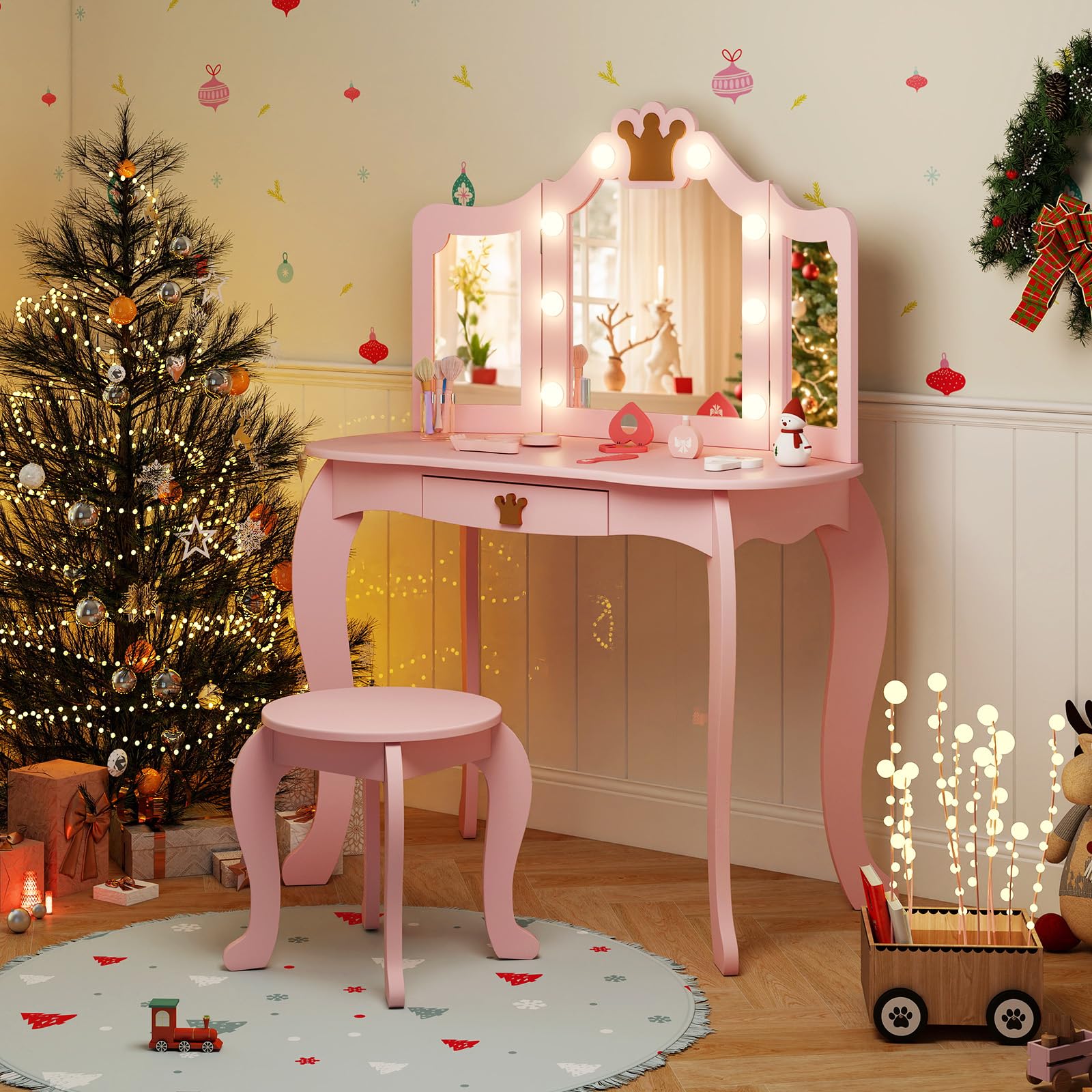 GLACER Pink Wooden Princess Makeup Vanity Set with Mirror, Stool & LED Lights - 2-in-1 Kids Vanity Desk with 3 Lighting Modes, Storage Drawer & Chair - Perfect for Bedroom Decor, Birthday Gifts & Pretend Play for Girls Ages 3-8