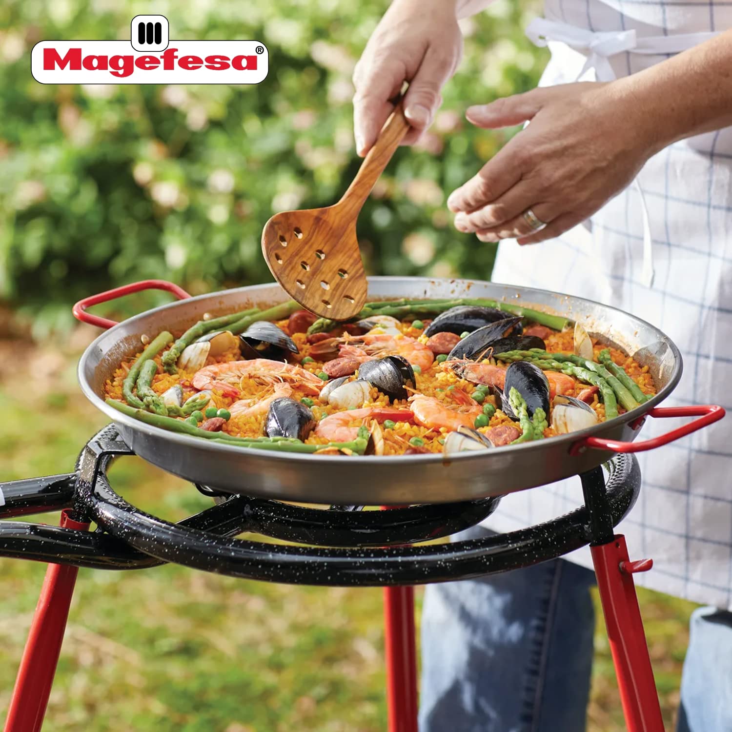 **MAGEFESA 16-Inch Heavy-Duty Enameled Paella Pan Burner – Compatible with 22-Inch Pans, High Heat Resistance (Tripod Sold Separately) – Perfect for Outdoor Cooking, BBQs, and Spanish Paella Parties**