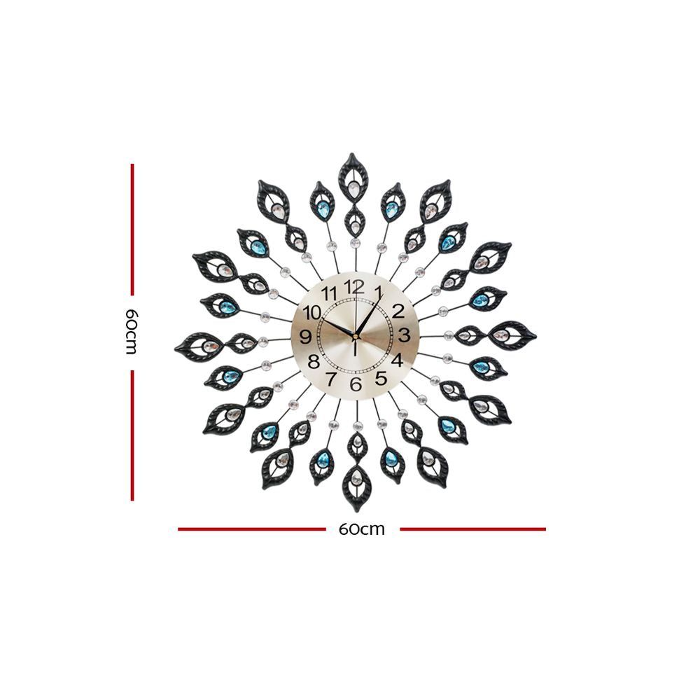 Artiss 60CM Peacock Wall Clock - Large 3D Modern Crystal Luxury Round Wall Clock for Home Decor (Black) - Perfect for Living Room, Bedroom & Office Decoration