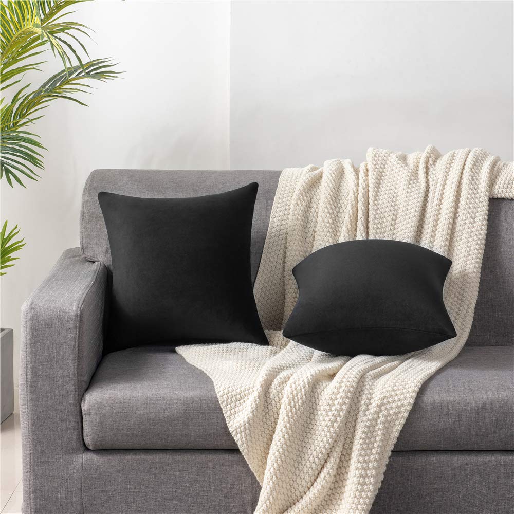 DEZENE 20x20 Inch Black Velvet Decorative Pillow Covers - 2 Pack Soft Square Throw Pillow Cases for Farmhouse, Living Room & Bedroom Decor | Cozy Home Accent for Sofa, Couch and Chair