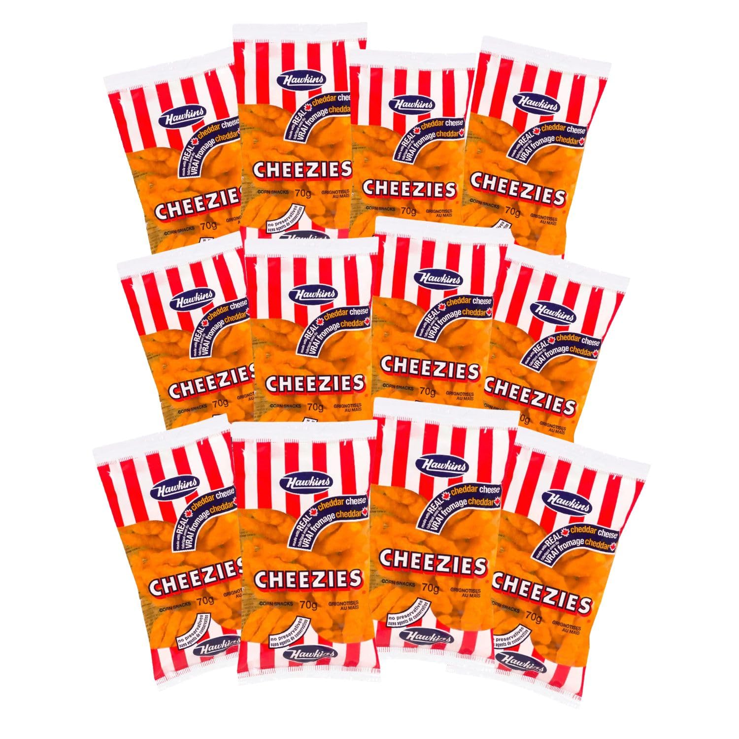 Hawkins Cheezies Corn Snacks - Real Cheddar Cheese, 70g/2.5oz (12 Pack) | Crunchy Canadian Snack for Parties, Movie Nights & Road Trips