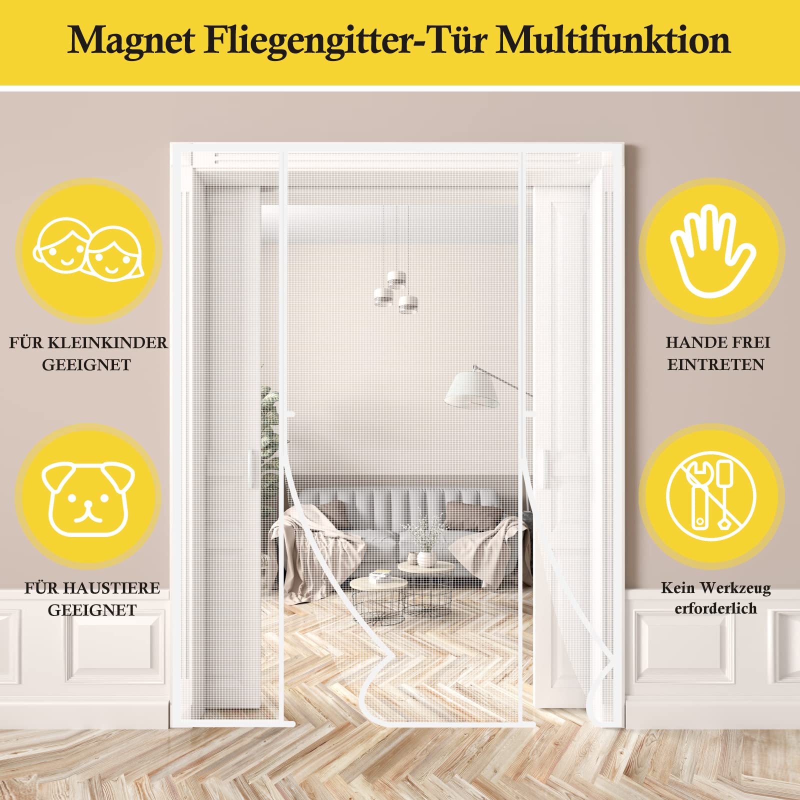 Fowong VP Magnetic Screen Door for Sliding Doors, 160x230cm White Insect Screen with Stronger Magnets, Pet Safe & Double Openings - Perfect for Balcony, Patio, and Home Insect Protection