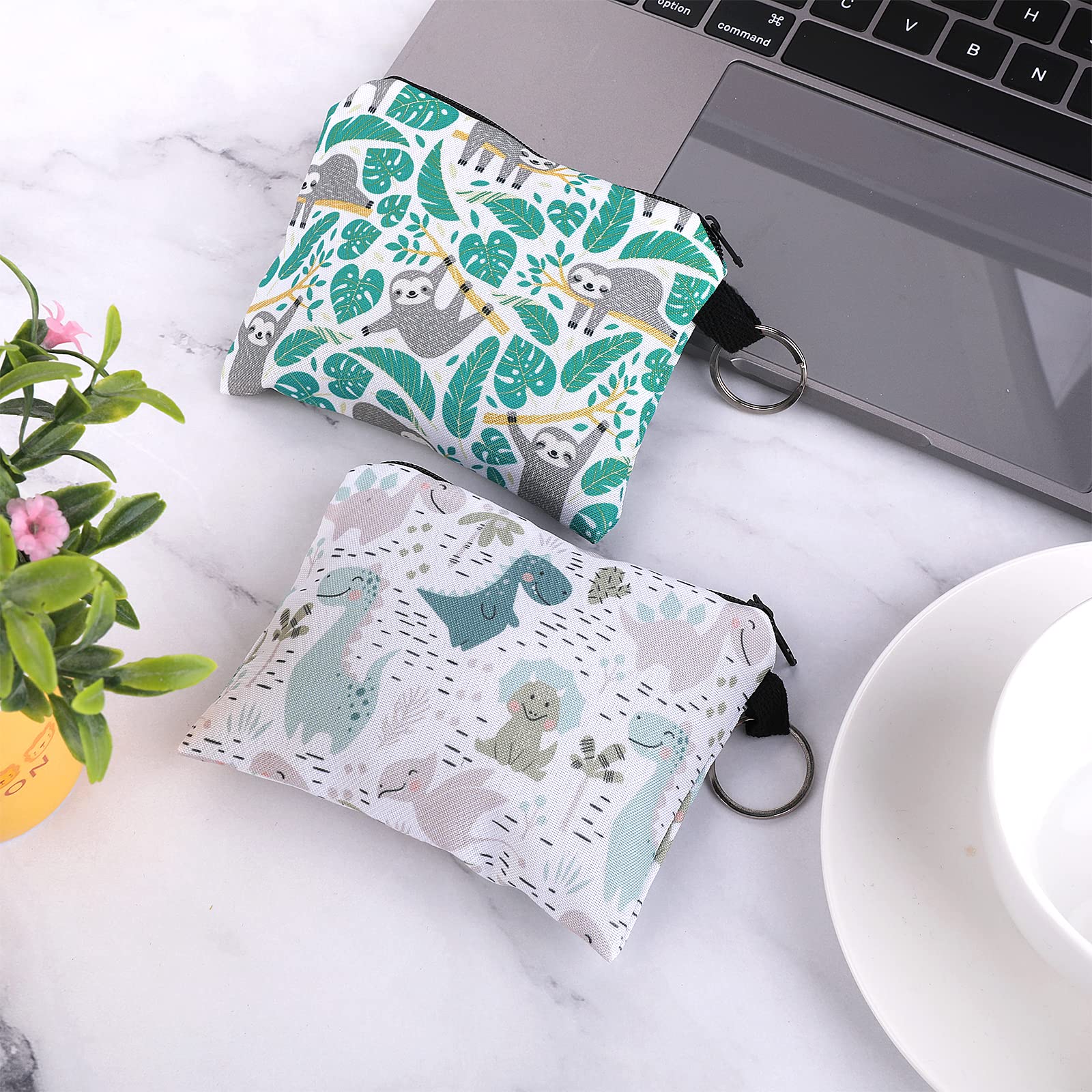 2 Pack Sloth & Dinosaur Print Zipper Pouch - Cute Canvas Coin Purse, Travel Toiletry Bag, Makeup Organizer, Keychain Wallet for Women & Kids - Perfect for School, Gym, Camping & Daily Essentials Storage
