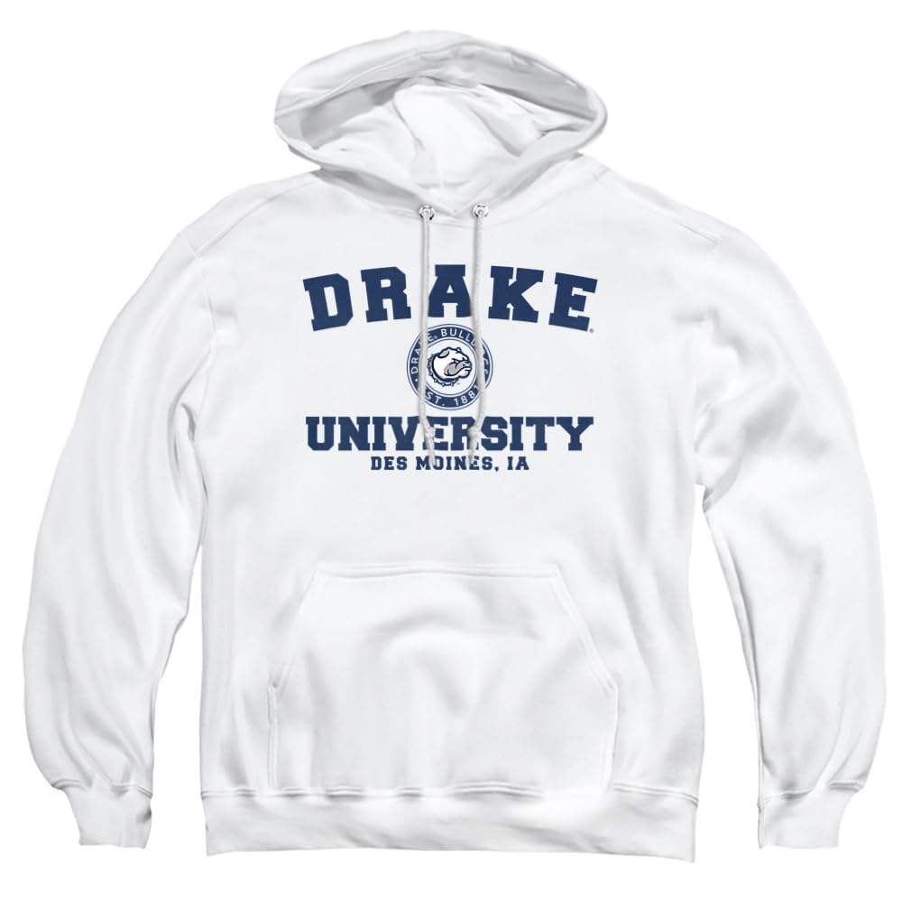 Drake University Official Unisex Hoodie - Circle Logo Pullover Sweatshirt for Men & Women, White, Large - Perfect for College Fans, Alumni & Casual Wear