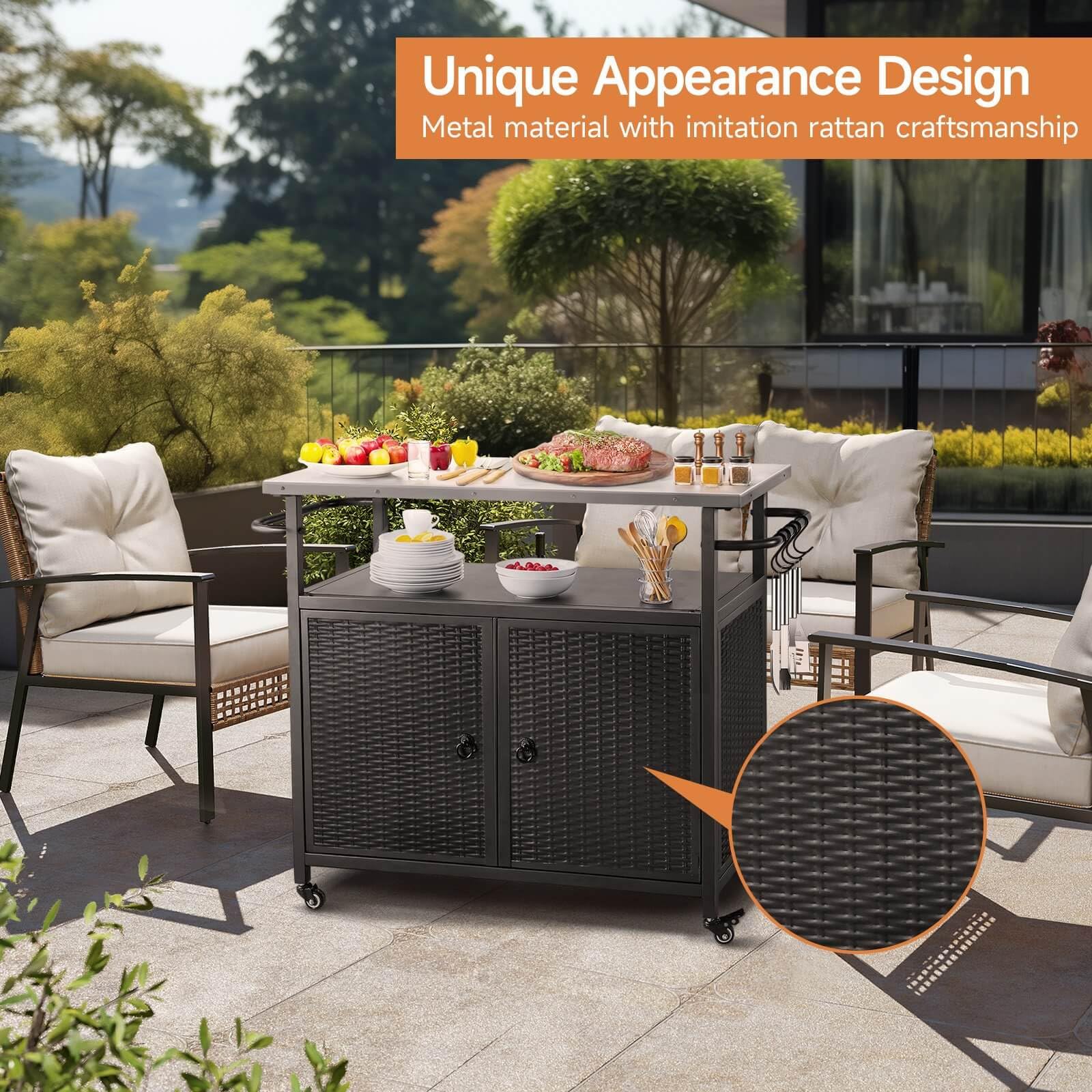 Outdoor Storage Cabinet with Wheels - Stainless Steel Top Kitchen Island Cart for BBQ, Patio & Backyard - Perfect for Outdoor Entertaining, Grilling & Garden Storage